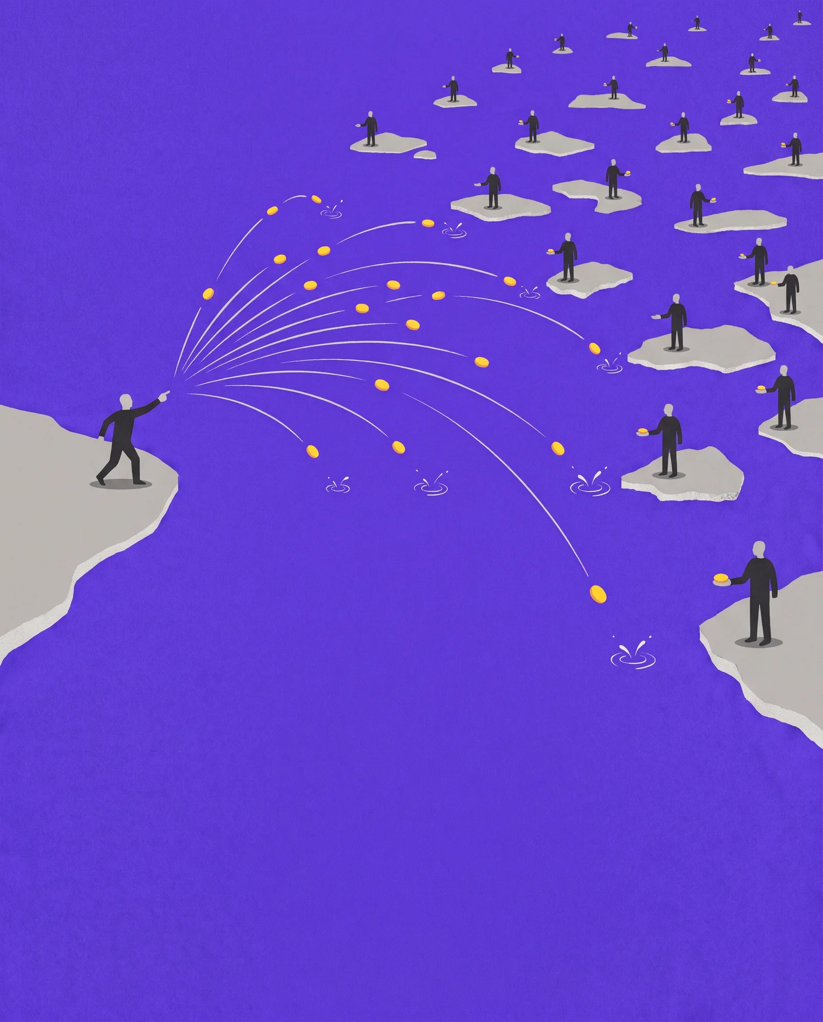 Illustration: one person flicks coins to many people on many islands