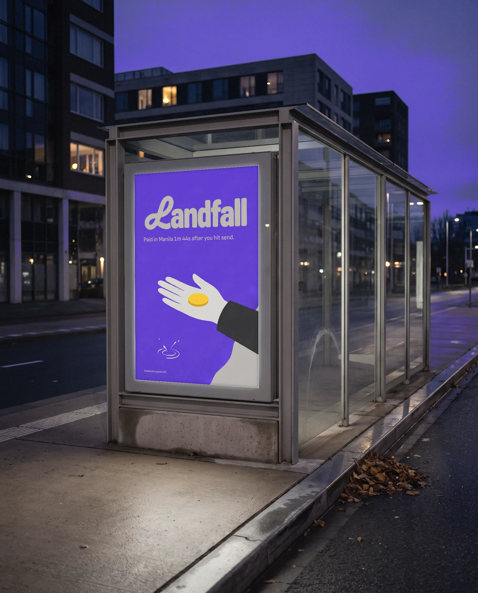 The Landfall poster in a bus shelter at dusk