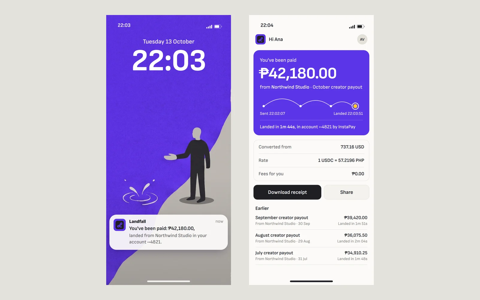 The recipient's phone: the payment notification, then the receipt in pesos