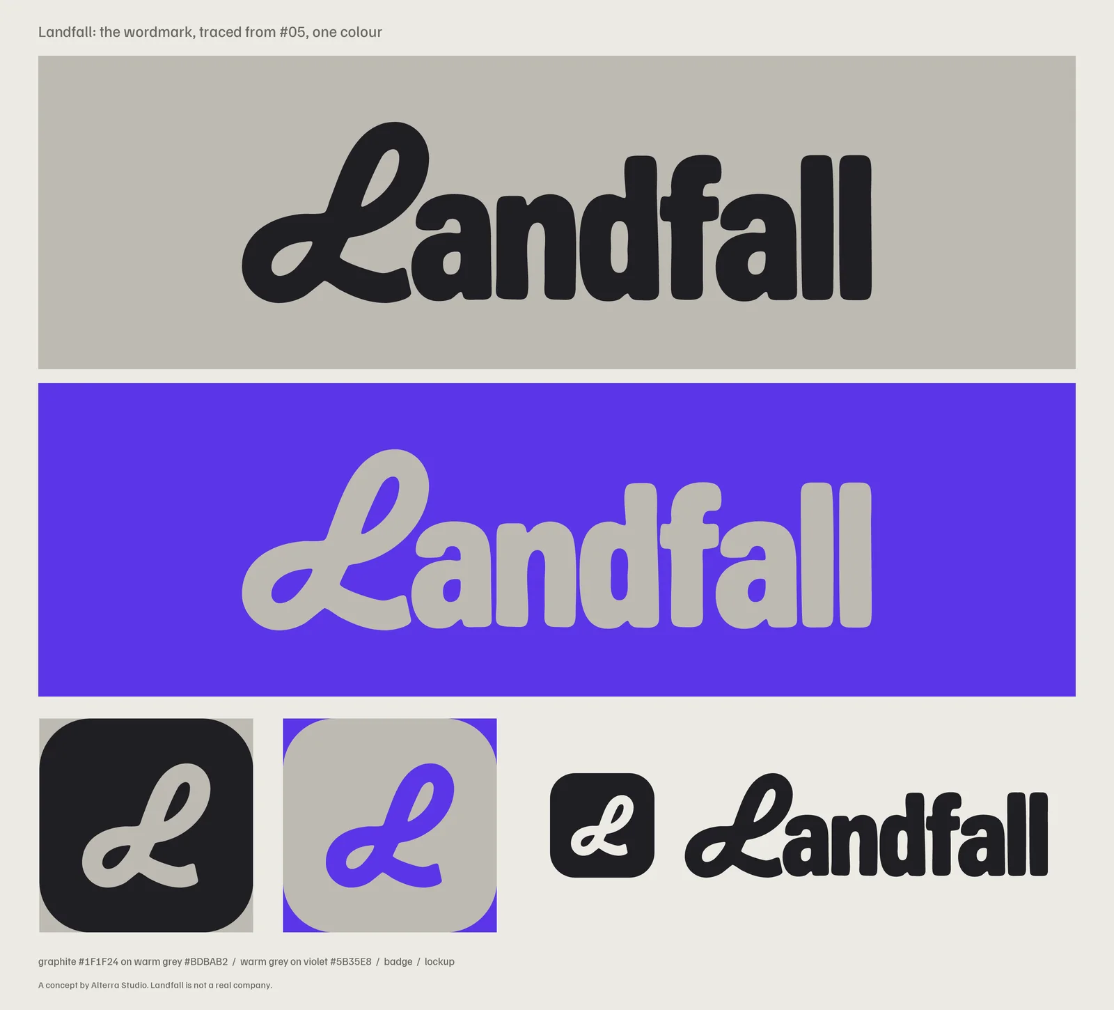 The Landfall wordmark and badge on warm grey, violet and graphite