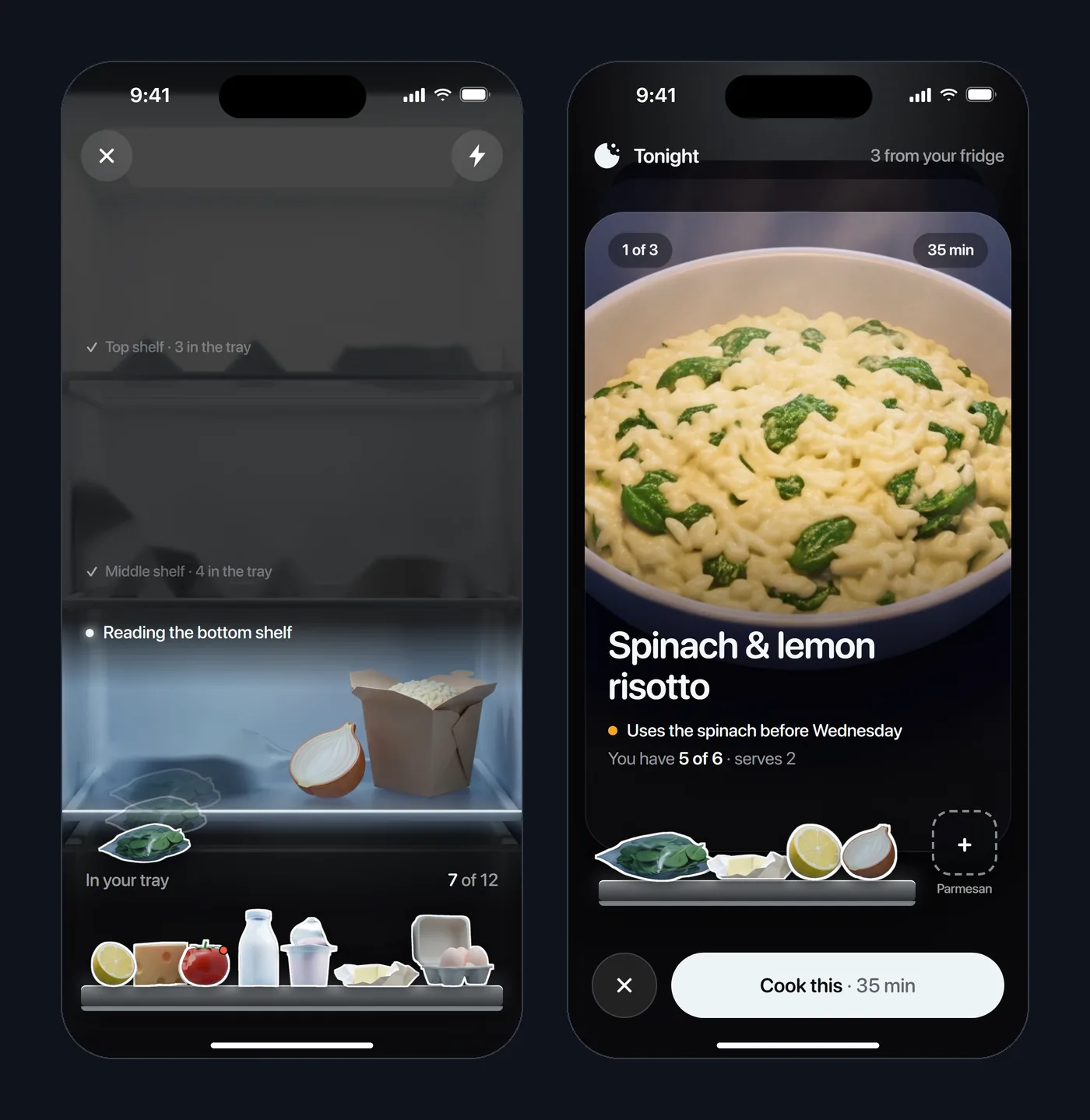Direction B: the scan emptying shelves onto a tray, and Tonight as a full-bleed risotto card