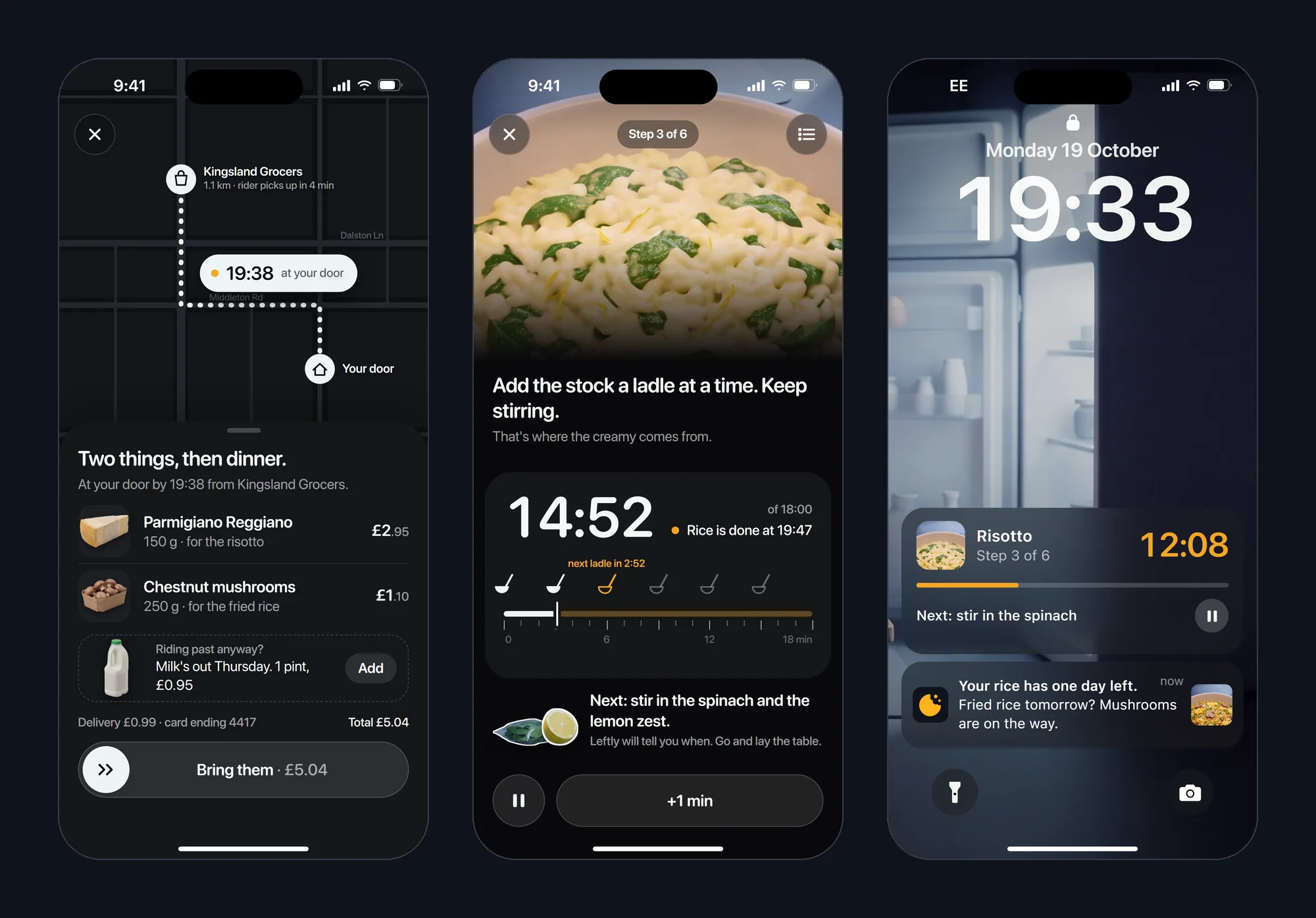 Three Leftly screens: the top-up route to your door, cook mode with a stock-ladle timer, and the lock screen with a Live Activity