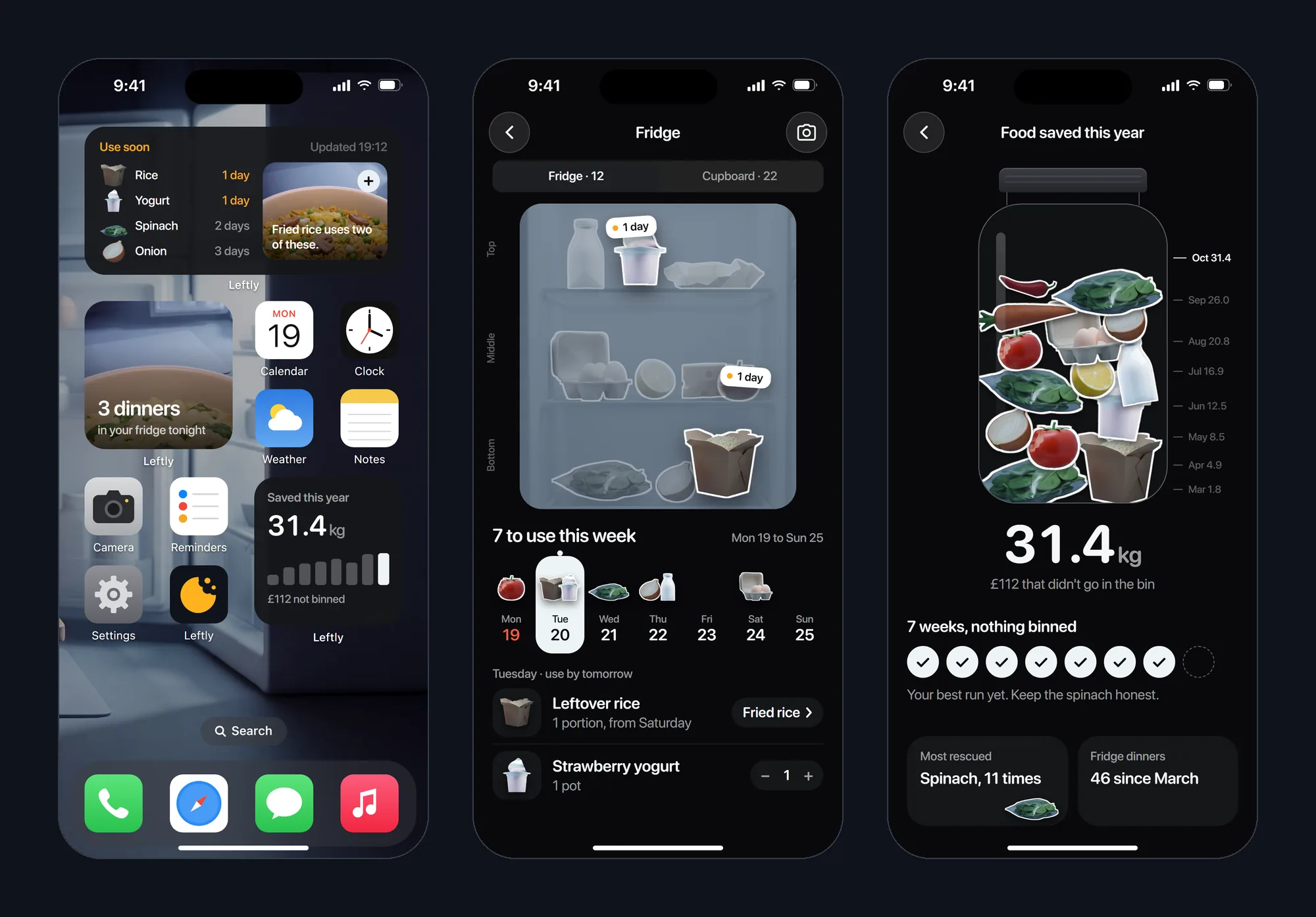 Three Leftly screens: home-screen widgets, the fridge with use-by days across the week, and food saved this year shown as a jar