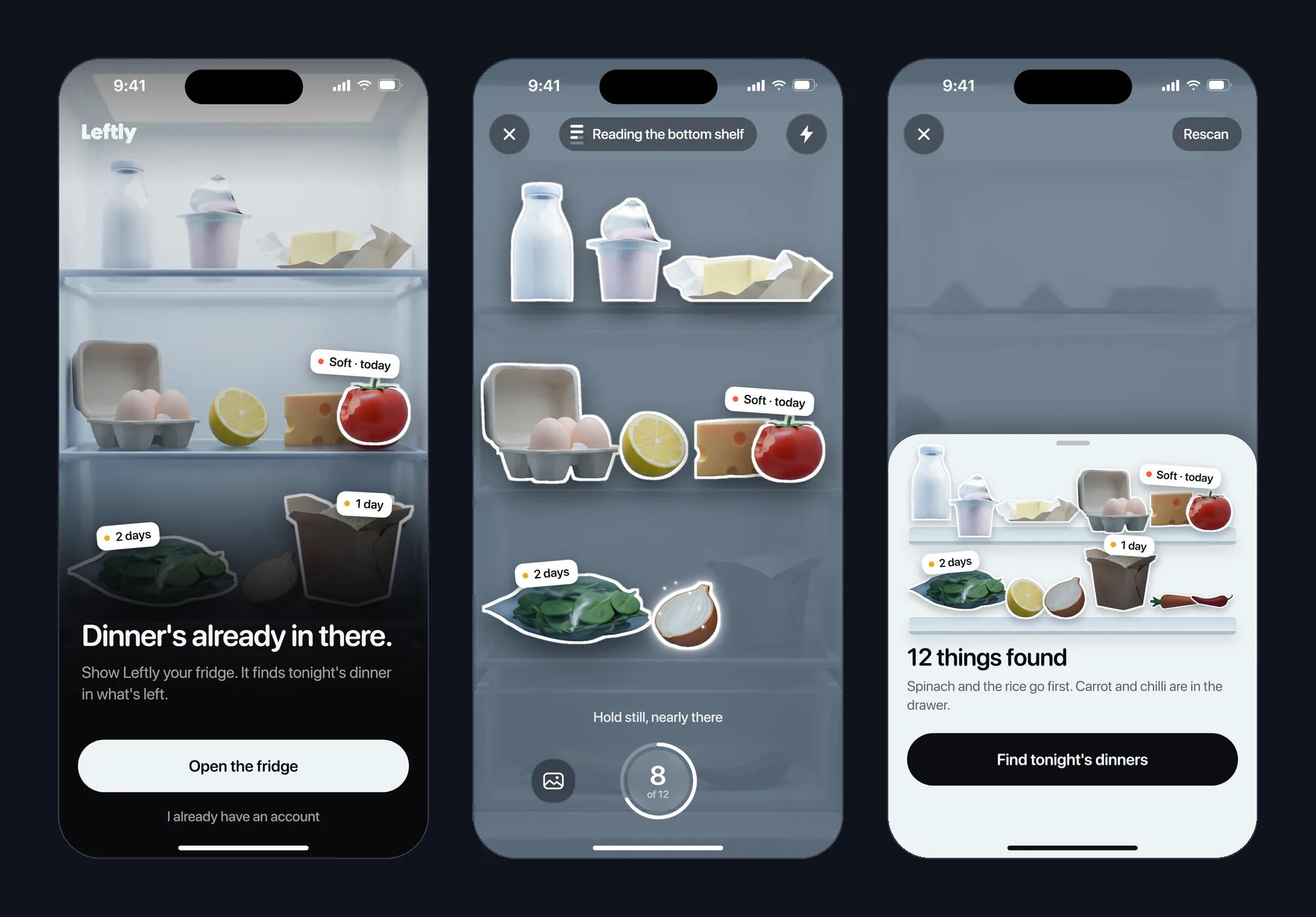 Three Leftly screens: welcome over a fridge photo, the scan mid-lift with use-by tags, and 12 things found on the tray