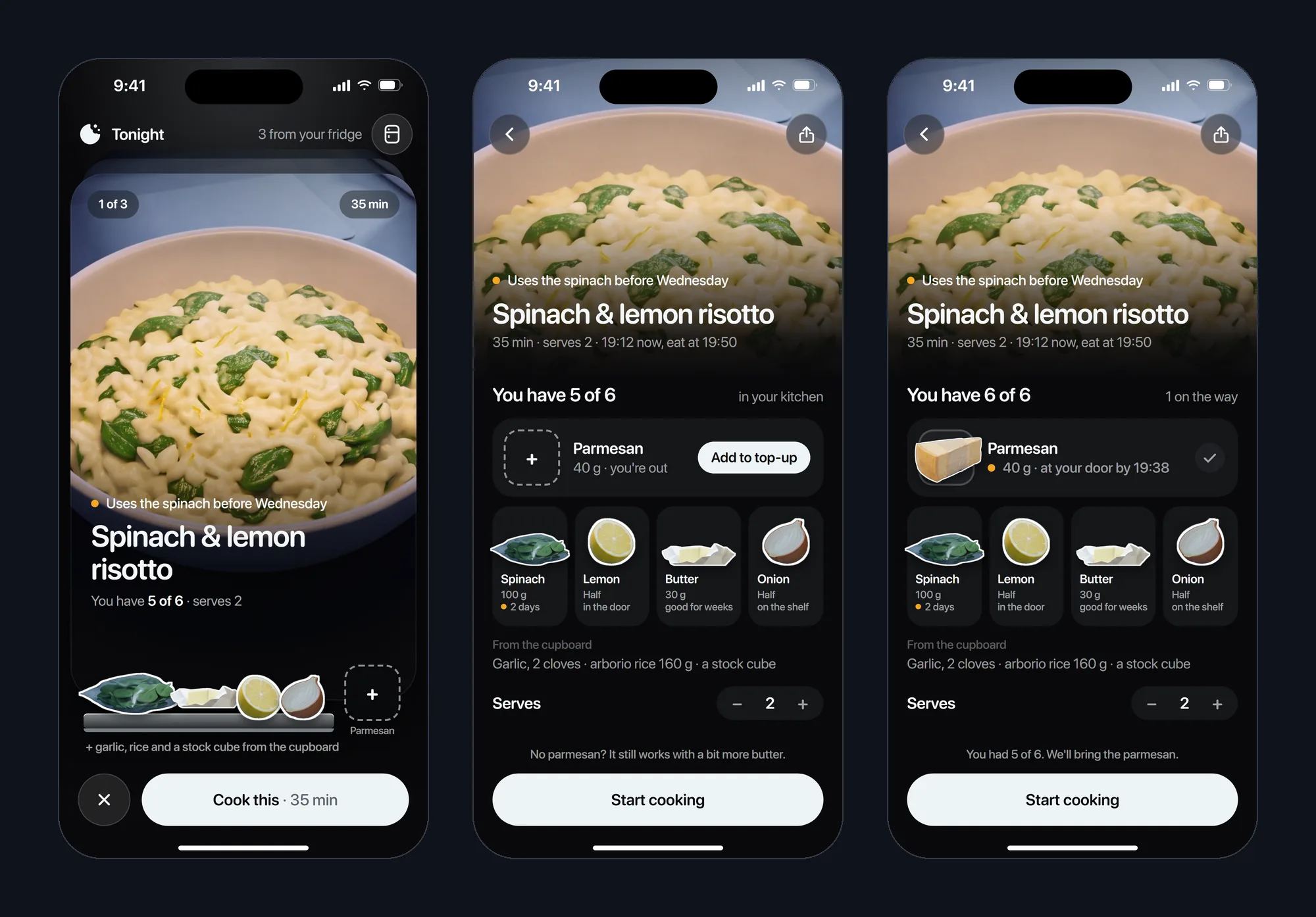 Three Leftly screens: the Tonight deck with a spinach and lemon risotto, the recipe with a dashed Parmesan slot, and the same recipe with the slot filled