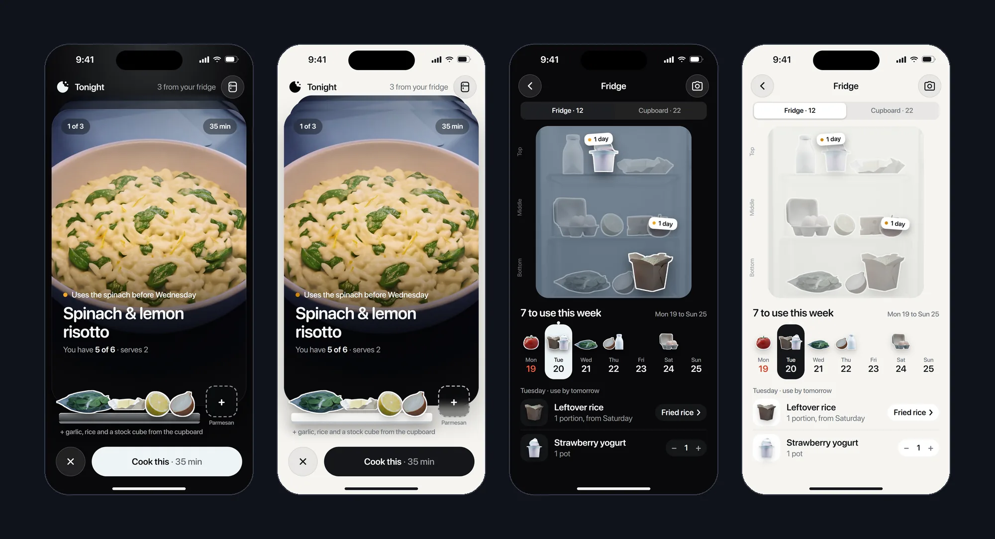 Tonight and the fridge, each in night and light mode