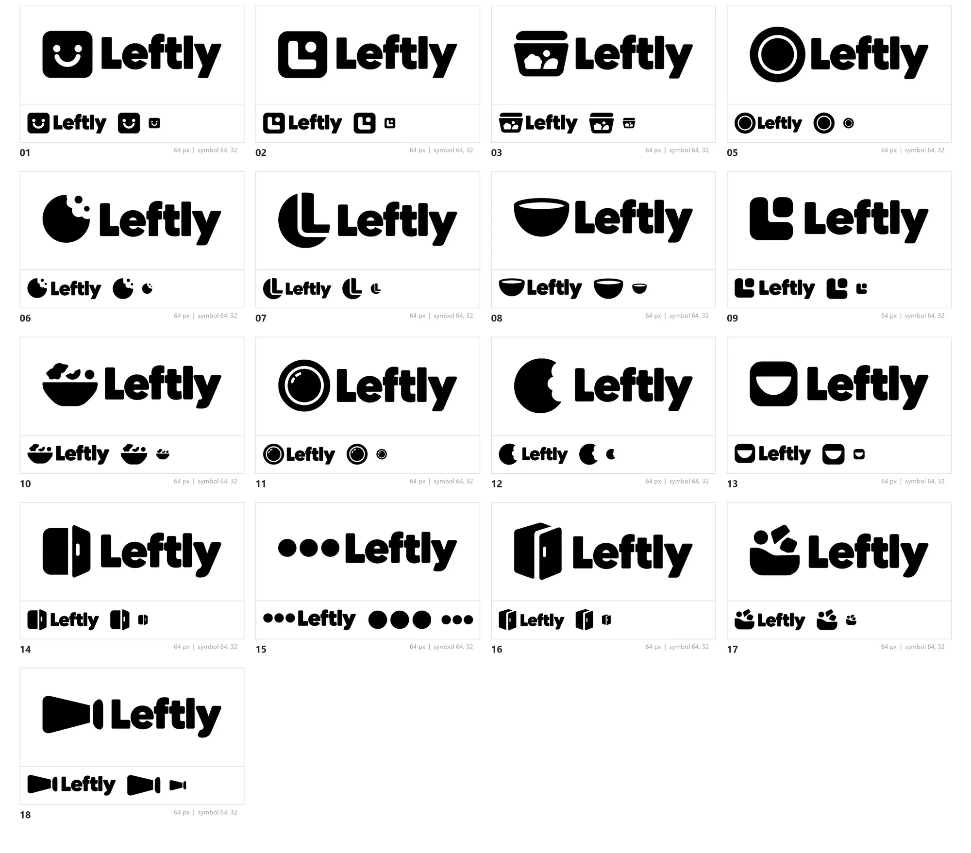 Seventeen Leftly logo candidates in generation order, each at full size, at 64 pixels and as the symbol at 64 and 32