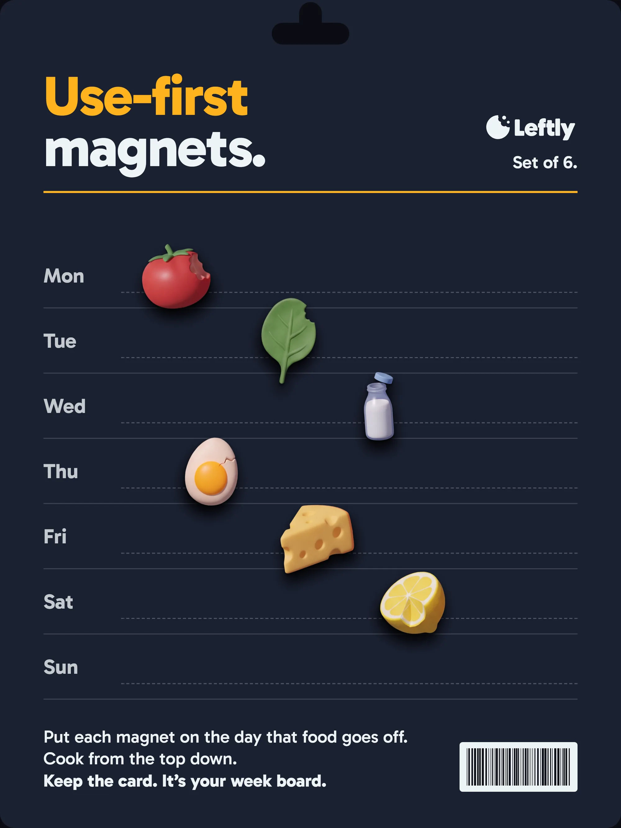 The use-first magnet card flat: a week board from Monday to Sunday with six food magnets