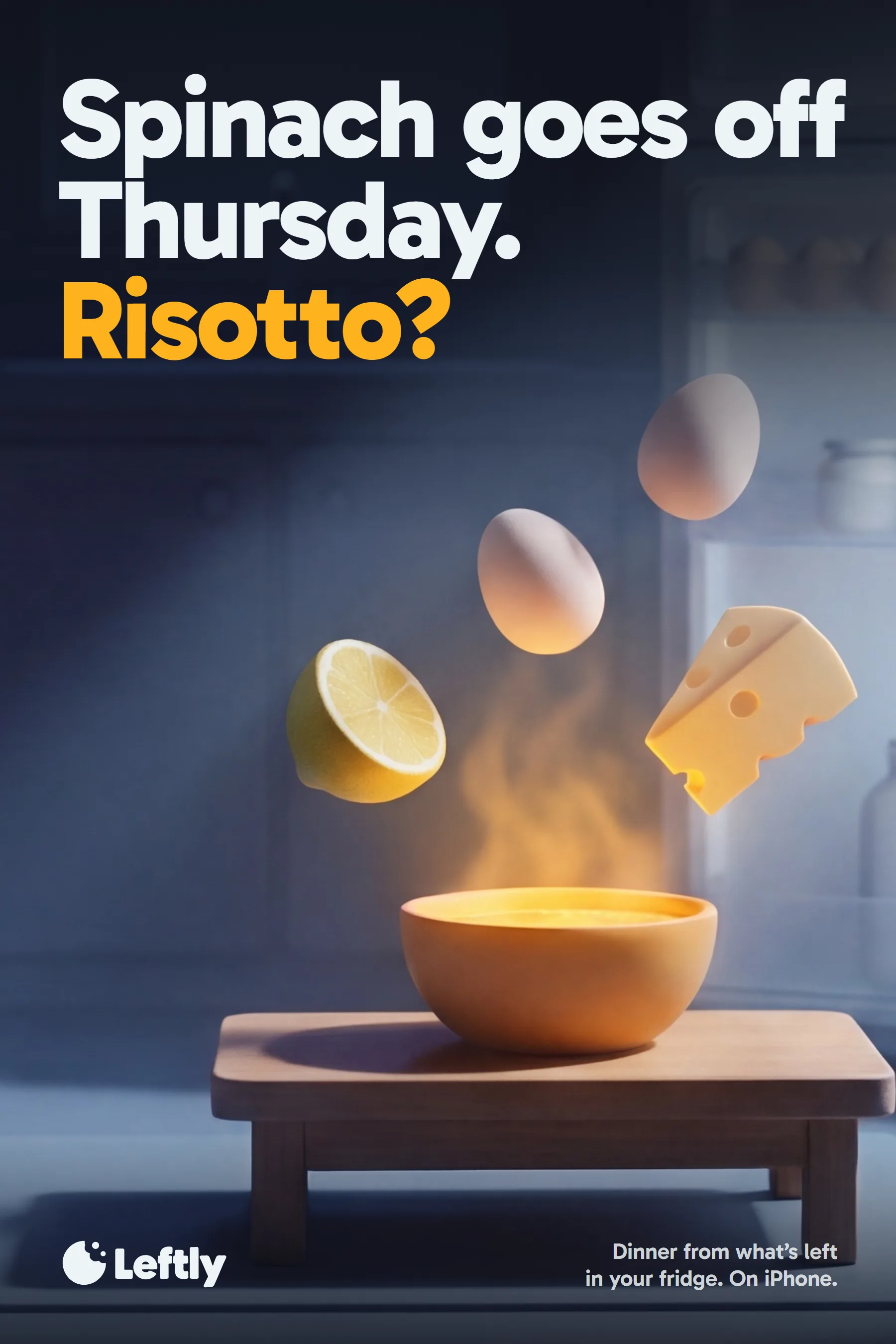 The bus-shelter poster flat: Spinach goes off Thursday. Risotto?