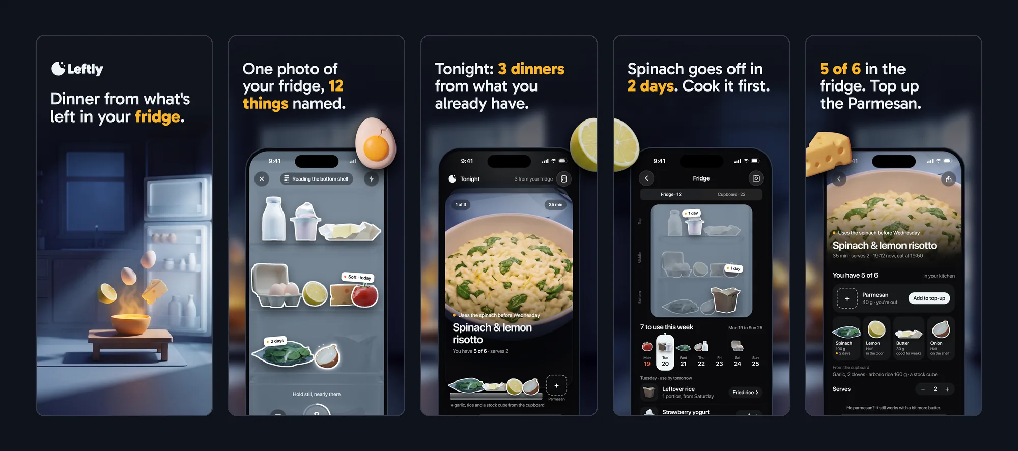 Five Leftly App Store screenshots: dinner from what's left in your fridge, one photo with 12 things named, three dinners, spinach goes off in 2 days, top up the Parmesan