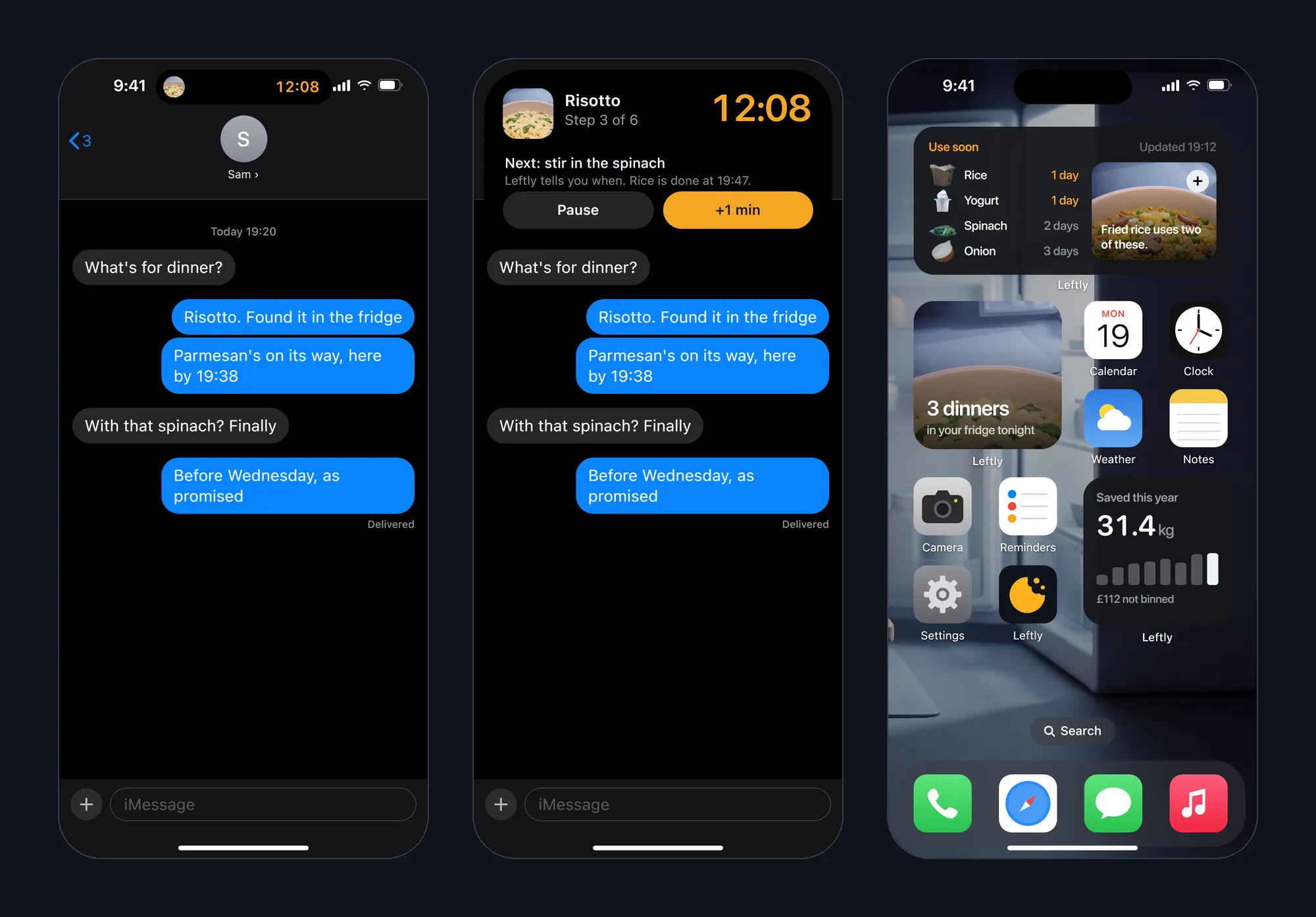 The Dynamic Island compact and expanded over Messages, and Leftly's widgets on a home screen