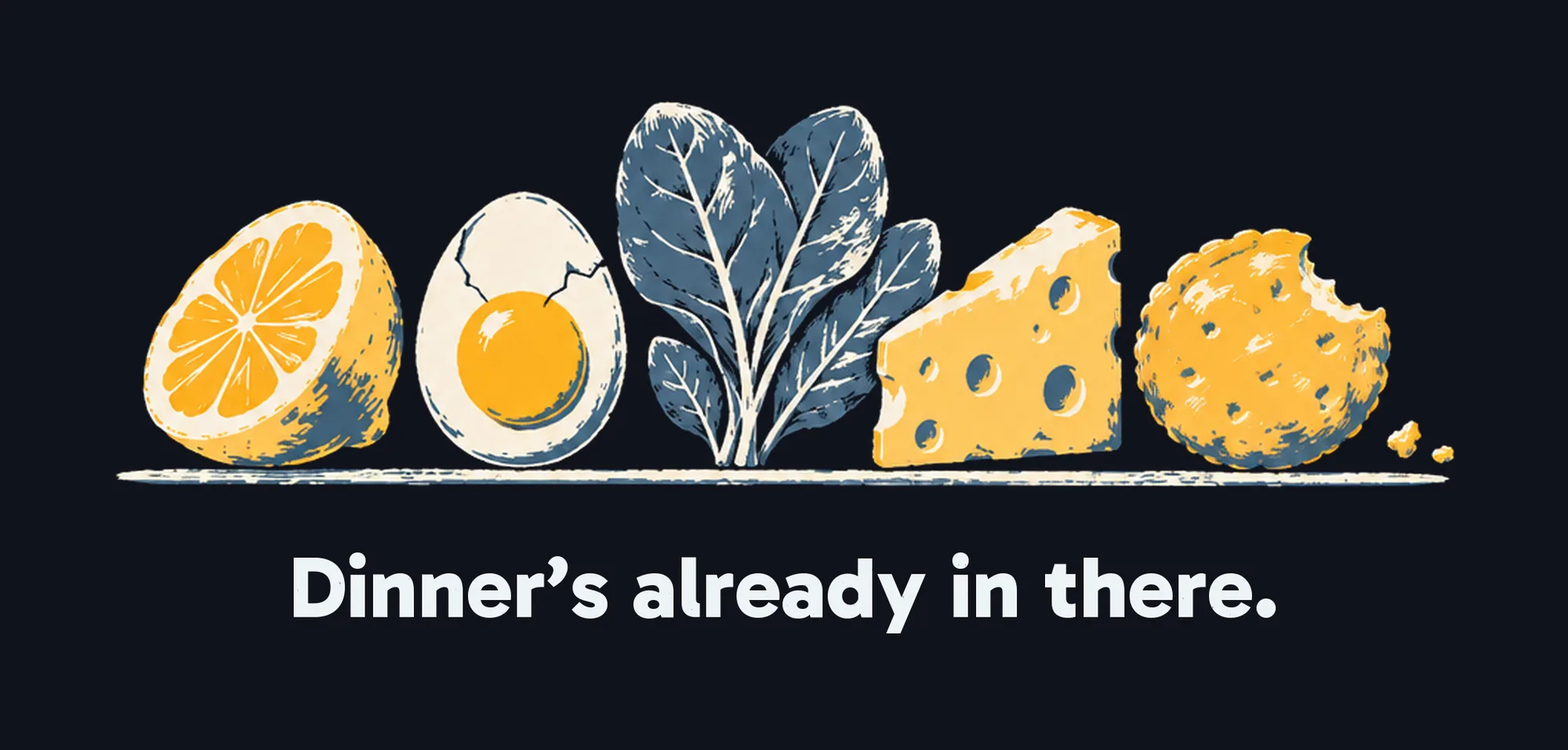 The tee print: lemon, egg, spinach, cheese and a bitten biscuit in three inks, over Dinner's already in there
