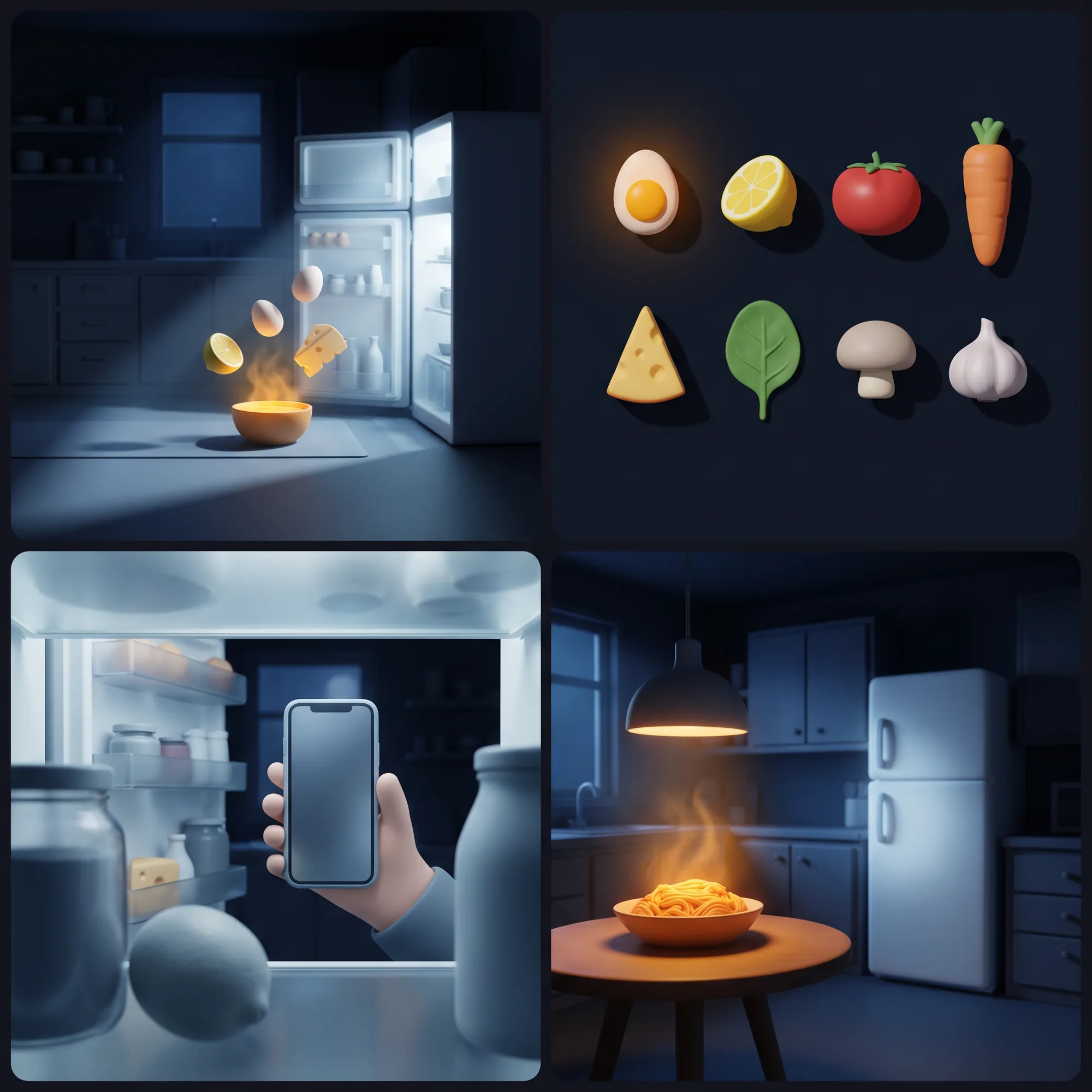 World Fridge Light: a dark kitchen lit by the open fridge, matte 3D ingredients, a hand holding a phone at the shelves, a lit bowl