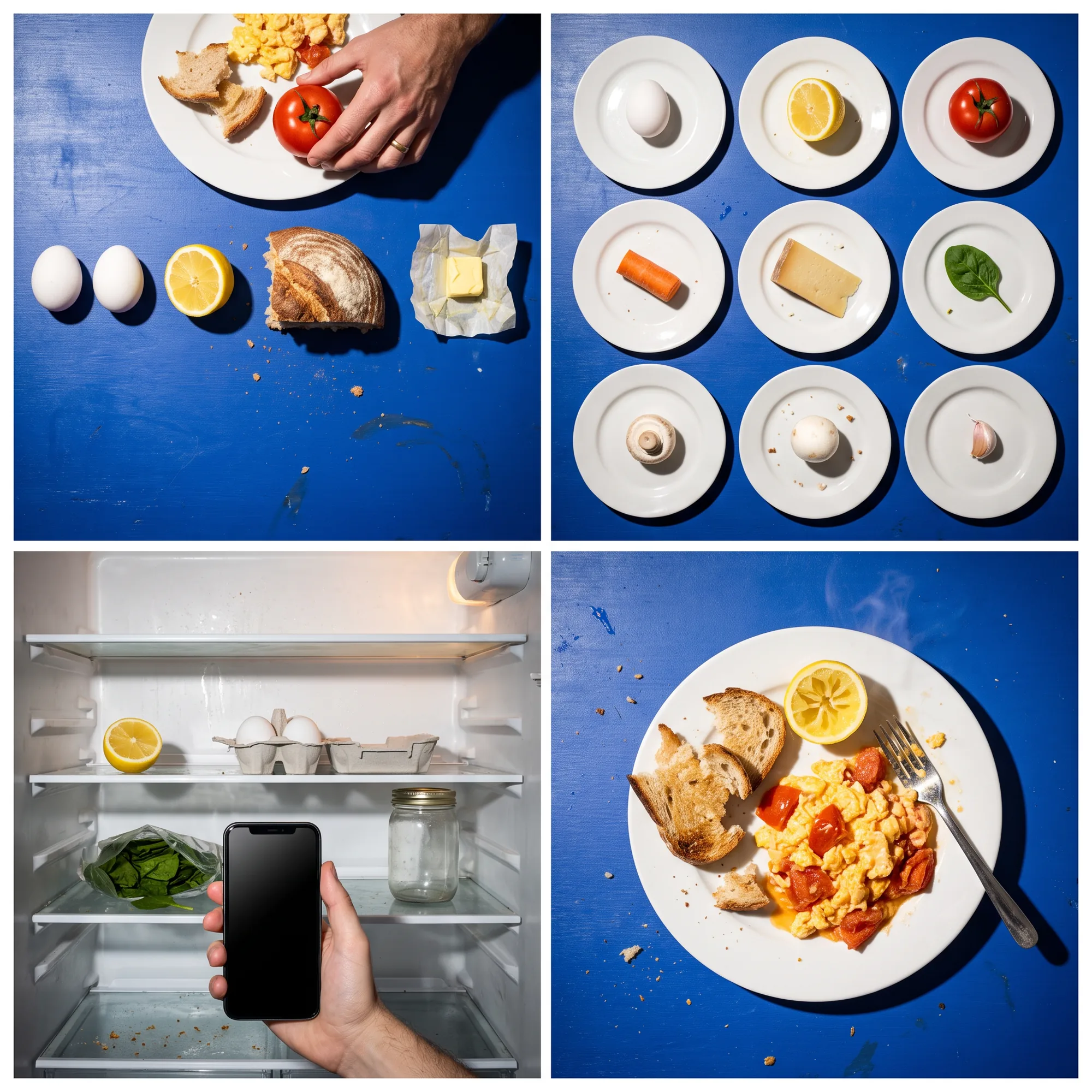 World Hard Flash: flash-lit food and plates on a cobalt table
