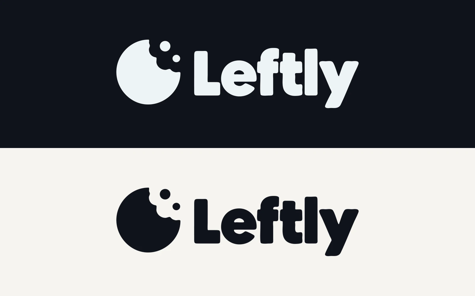 The Leftly lockup, a bitten disc beside the wordmark, in light on night and ink on paper