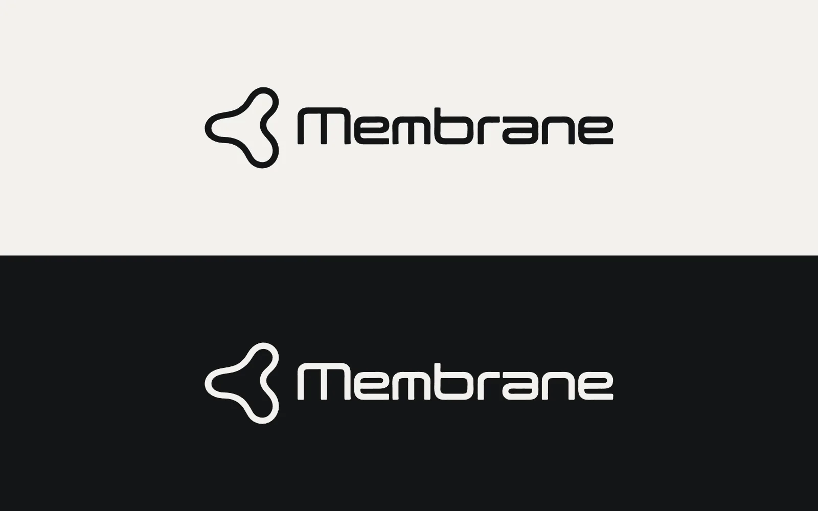 The Membrane logo, a three-lobed mark beside the wordmark, in basalt on calcite and calcite on basalt