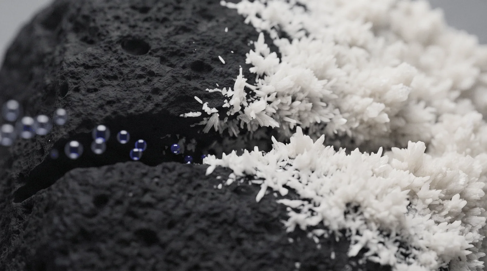 CO2 bubbles enter a fissure in black basalt as white calcite spreads across the rock