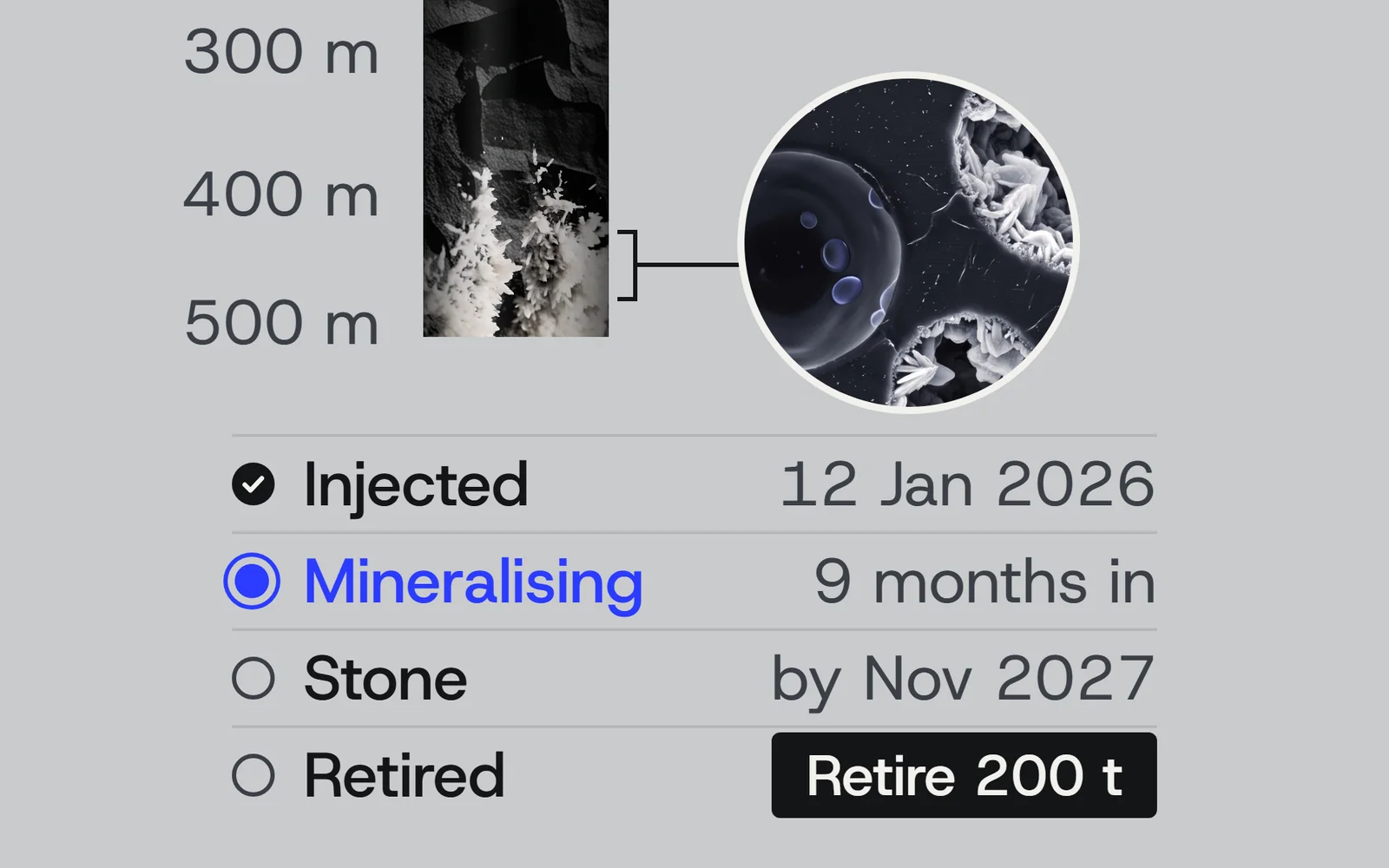 The passport's delivery rows, injected, mineralising, stone and retired, under the depth column and the rock sample