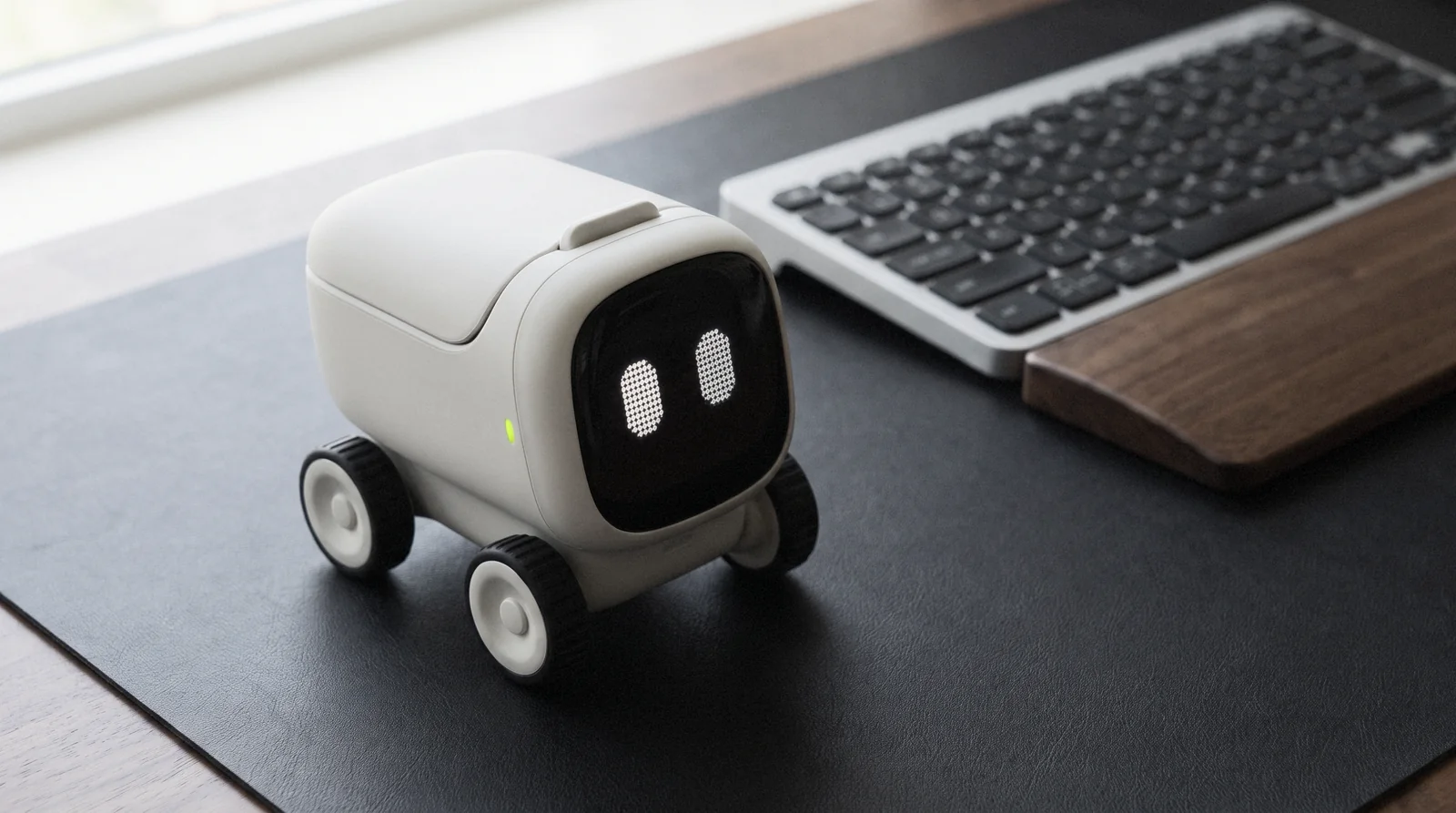 The desk rover, awake, next to a keyboard