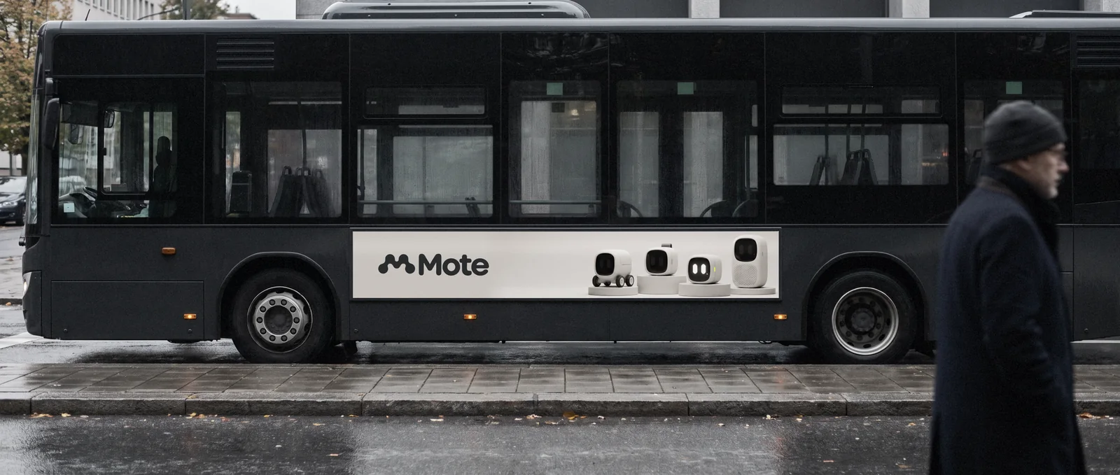 A city bus with the Mote lineup on its side panel