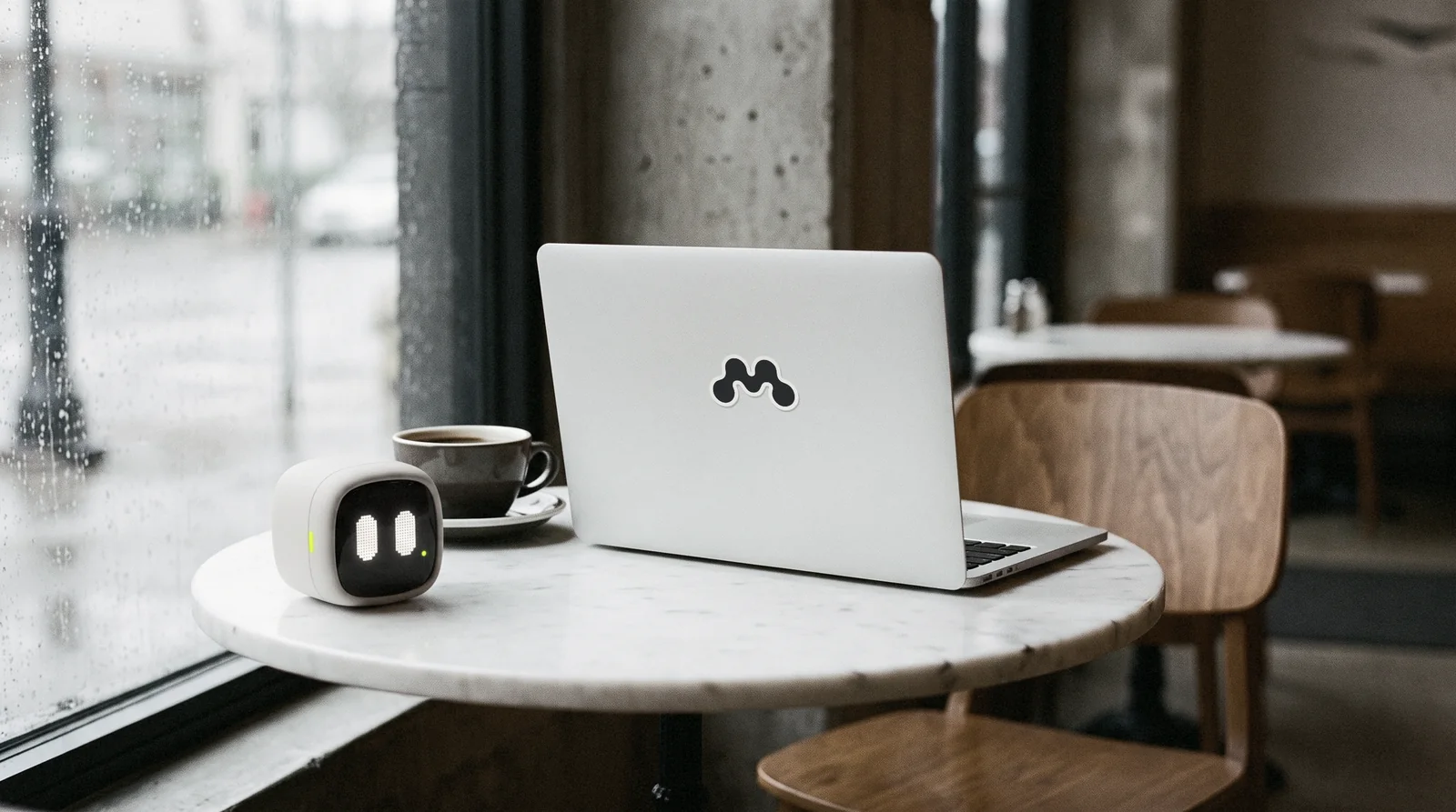 The keycap awake on a cafe table beside a laptop with a dotted-M sticker