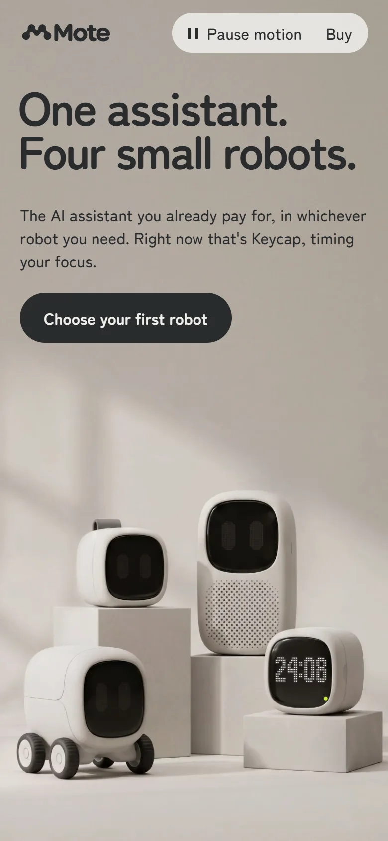 The Mote homepage first screen on a phone: headline, the one-line pitch and the main button above the four robots