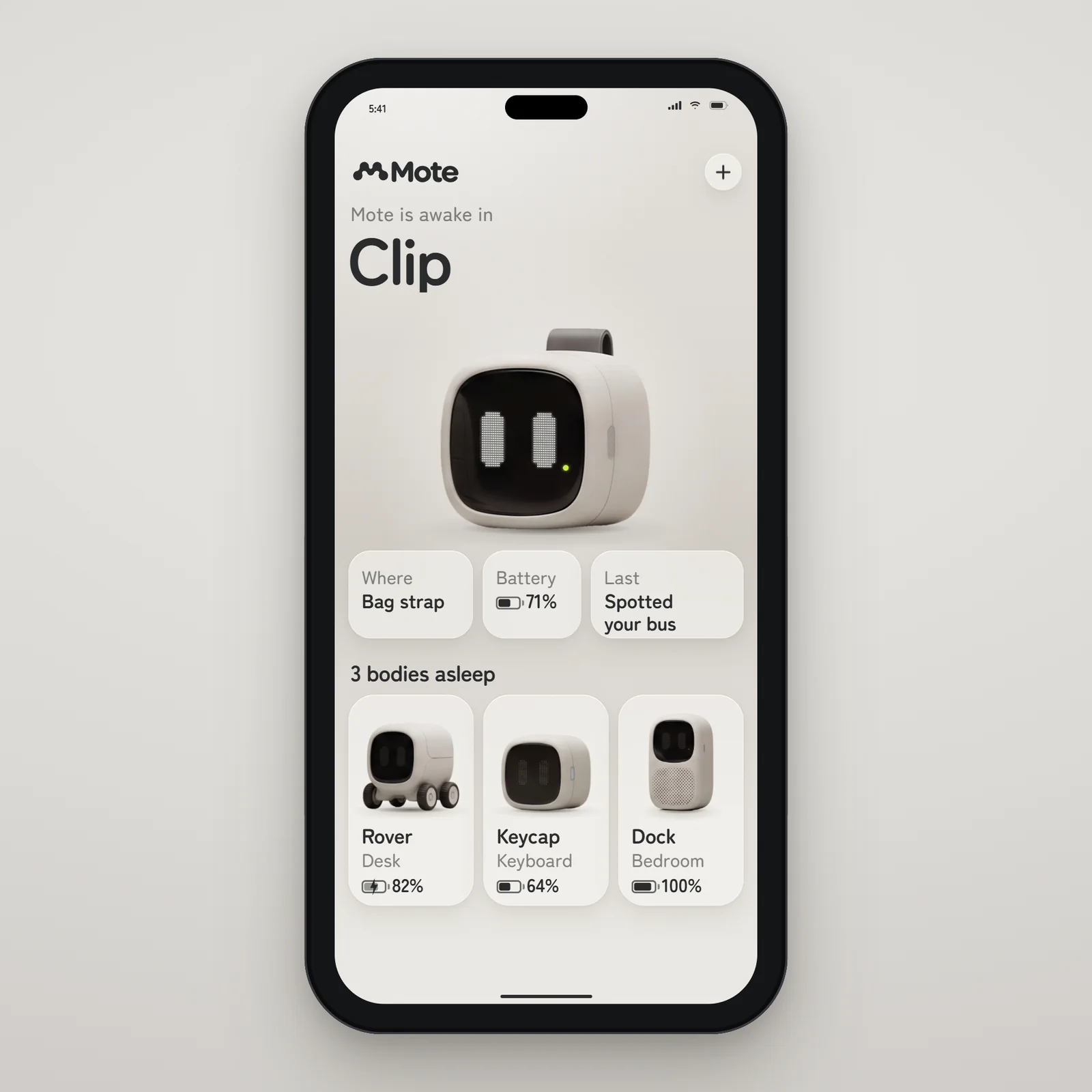 The Mote app with Mote awake in Clip on a bag strap