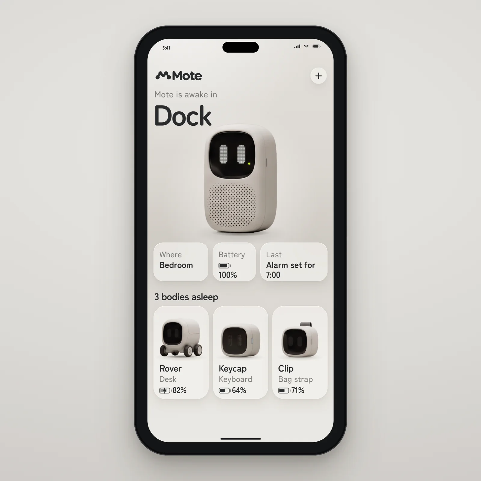 The Mote app with Mote awake in Dock in the bedroom