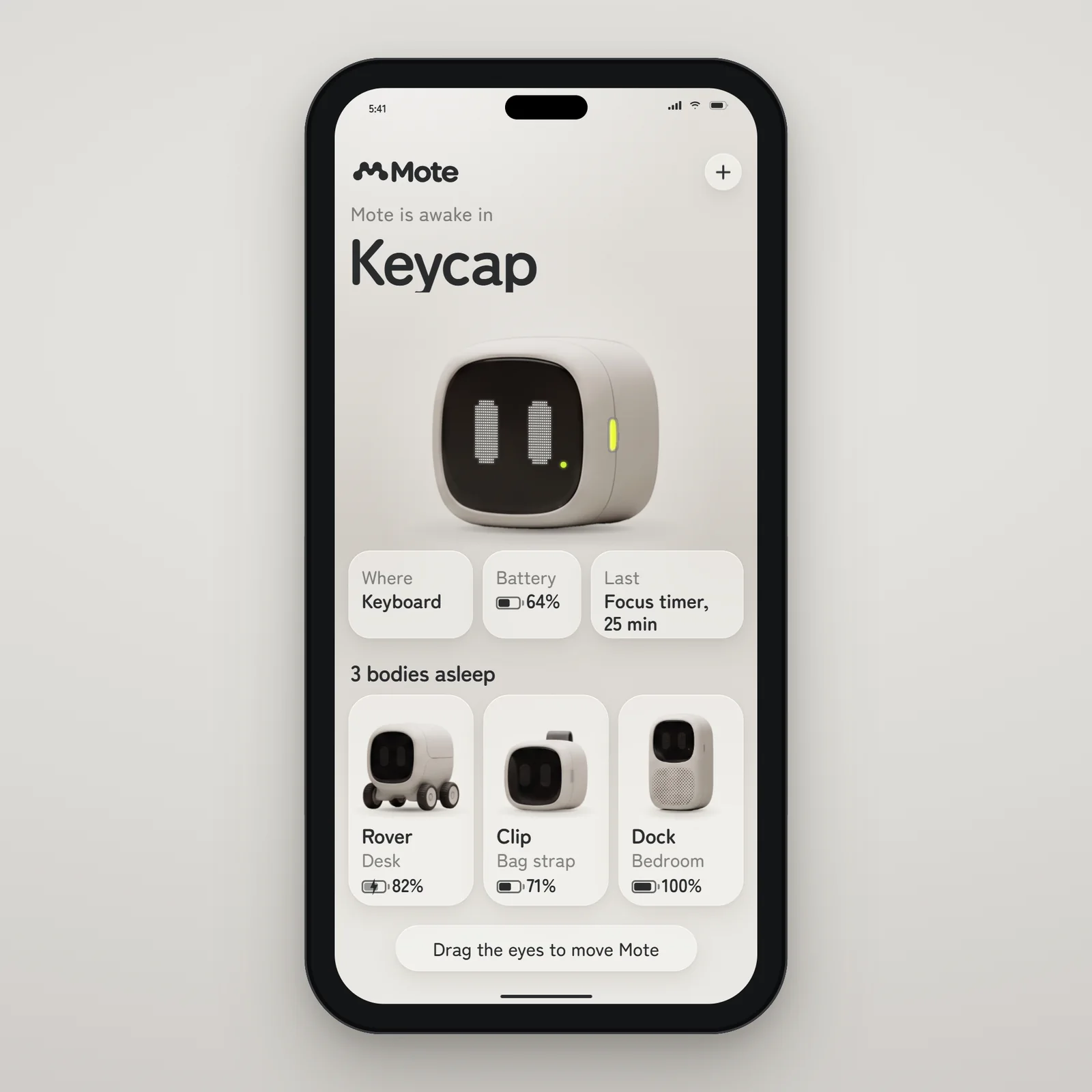 The Mote app with Mote awake in Keycap and three bodies asleep