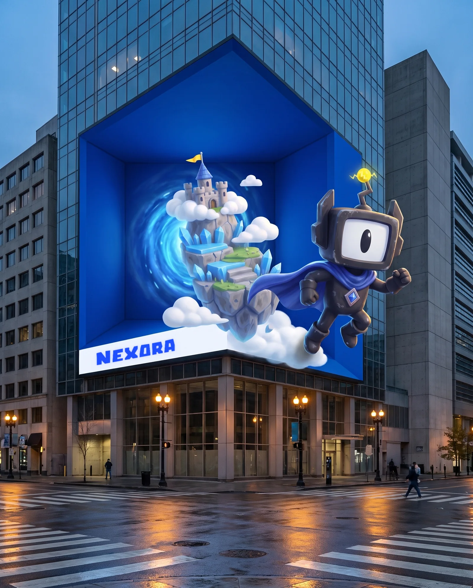 A corner billboard where the hero bursts out of the building