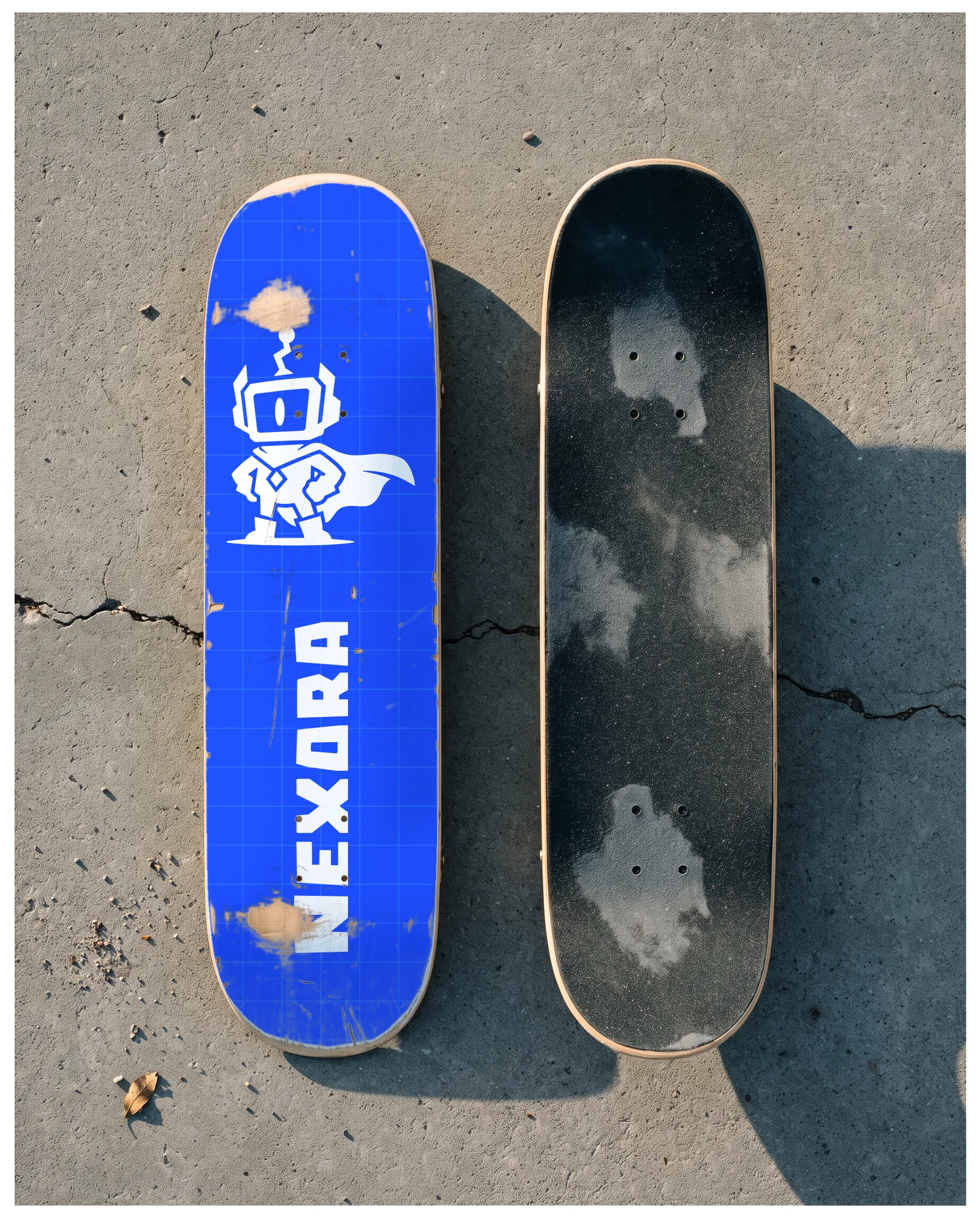 A worn skate deck with the Nexora mascot
