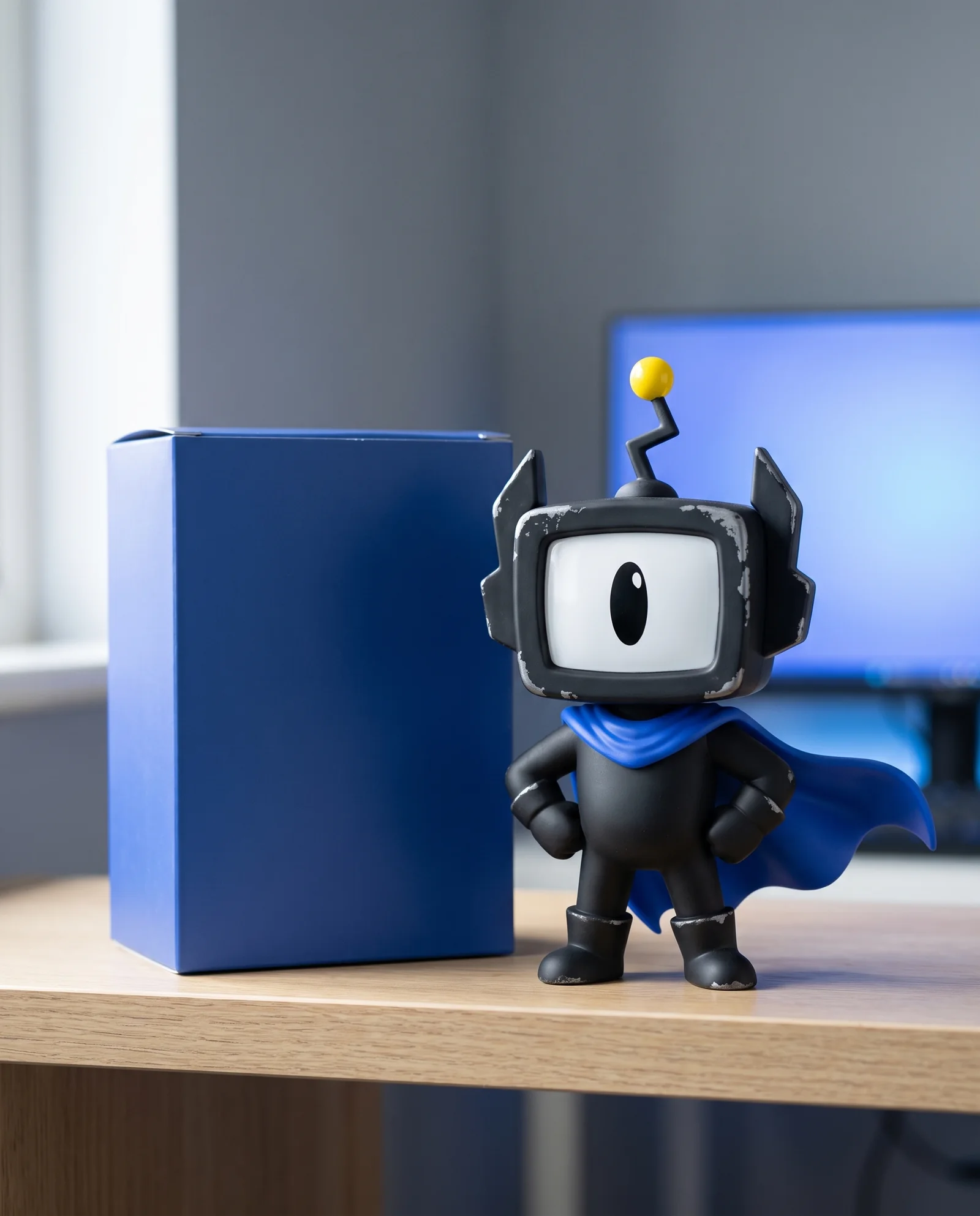A vinyl figure of the robot hero on a desk