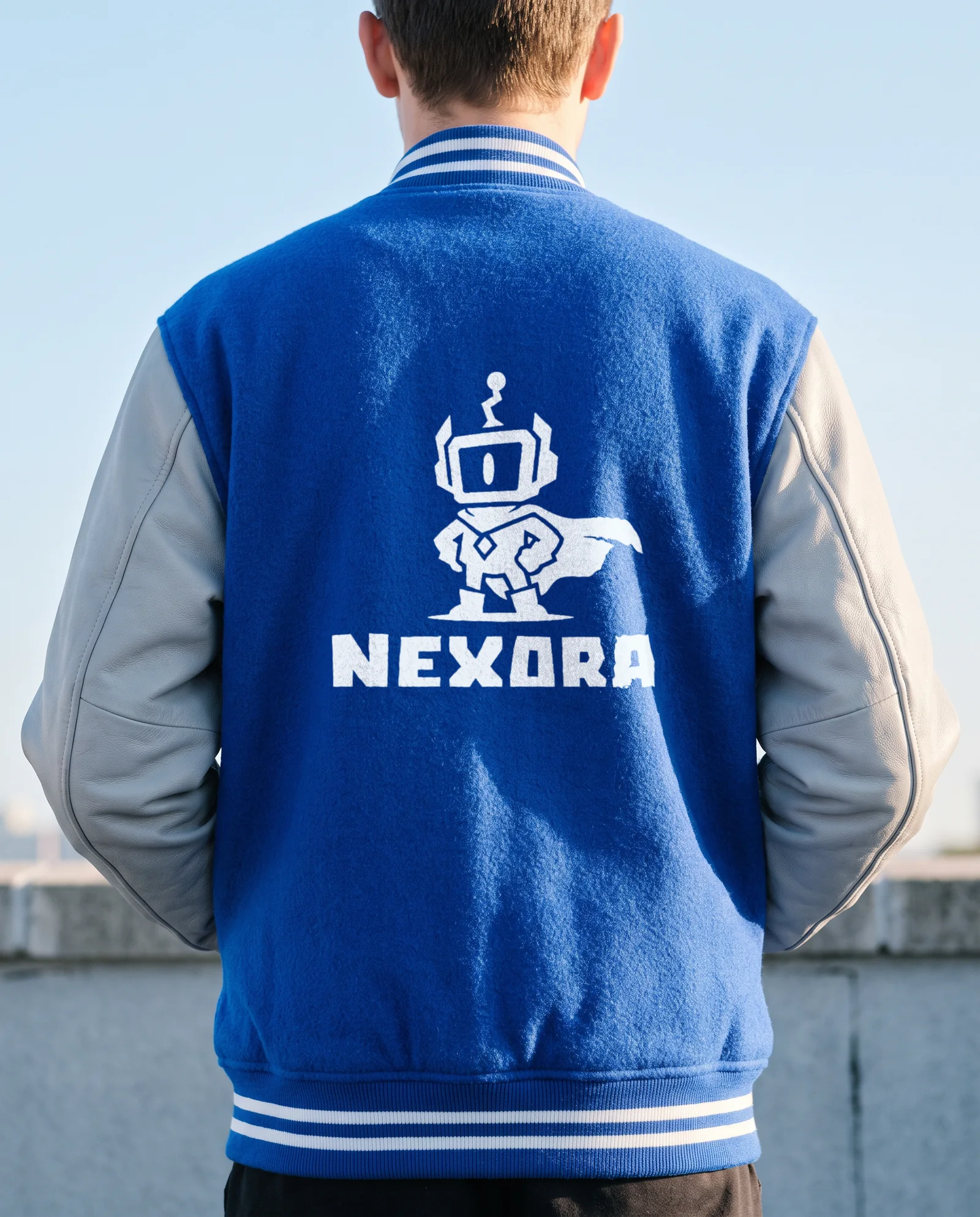 A cobalt varsity jacket with the Nexora mascot