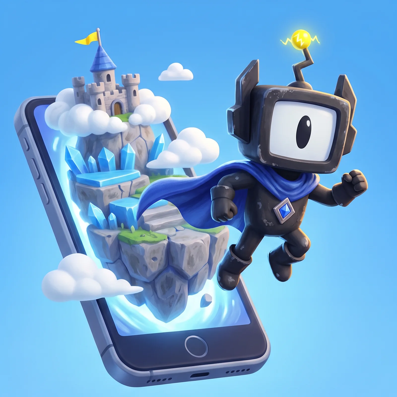 Nexora key art: the robot hero leaps out of a phone with a floating sky castle