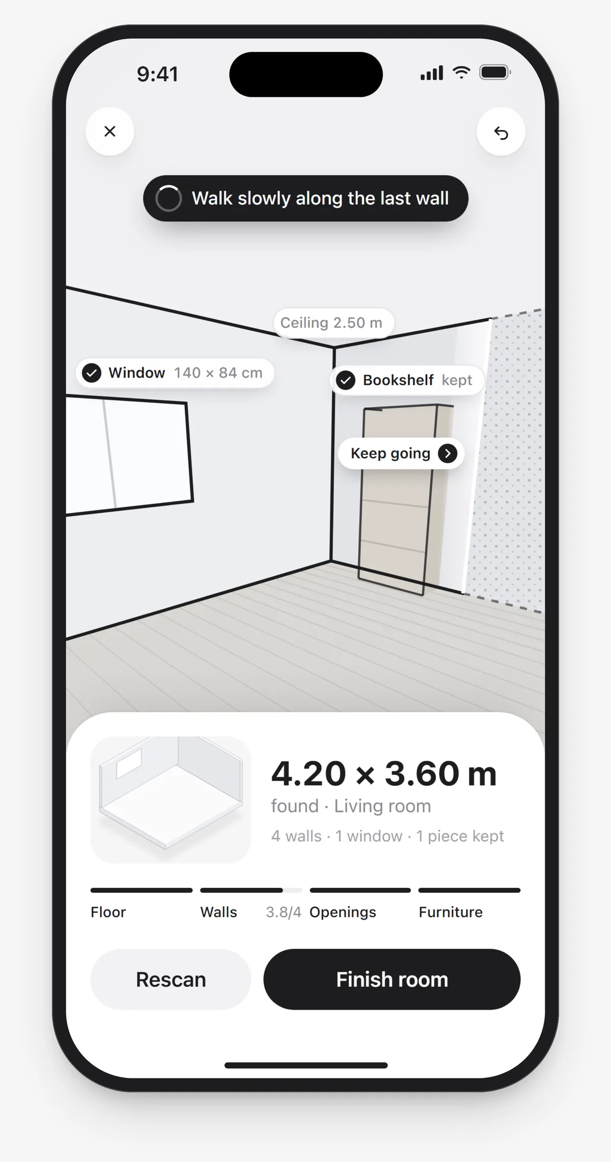 The scan: walls drawn in ink, a window and a bookshelf found, 4.20 by 3.60 metres