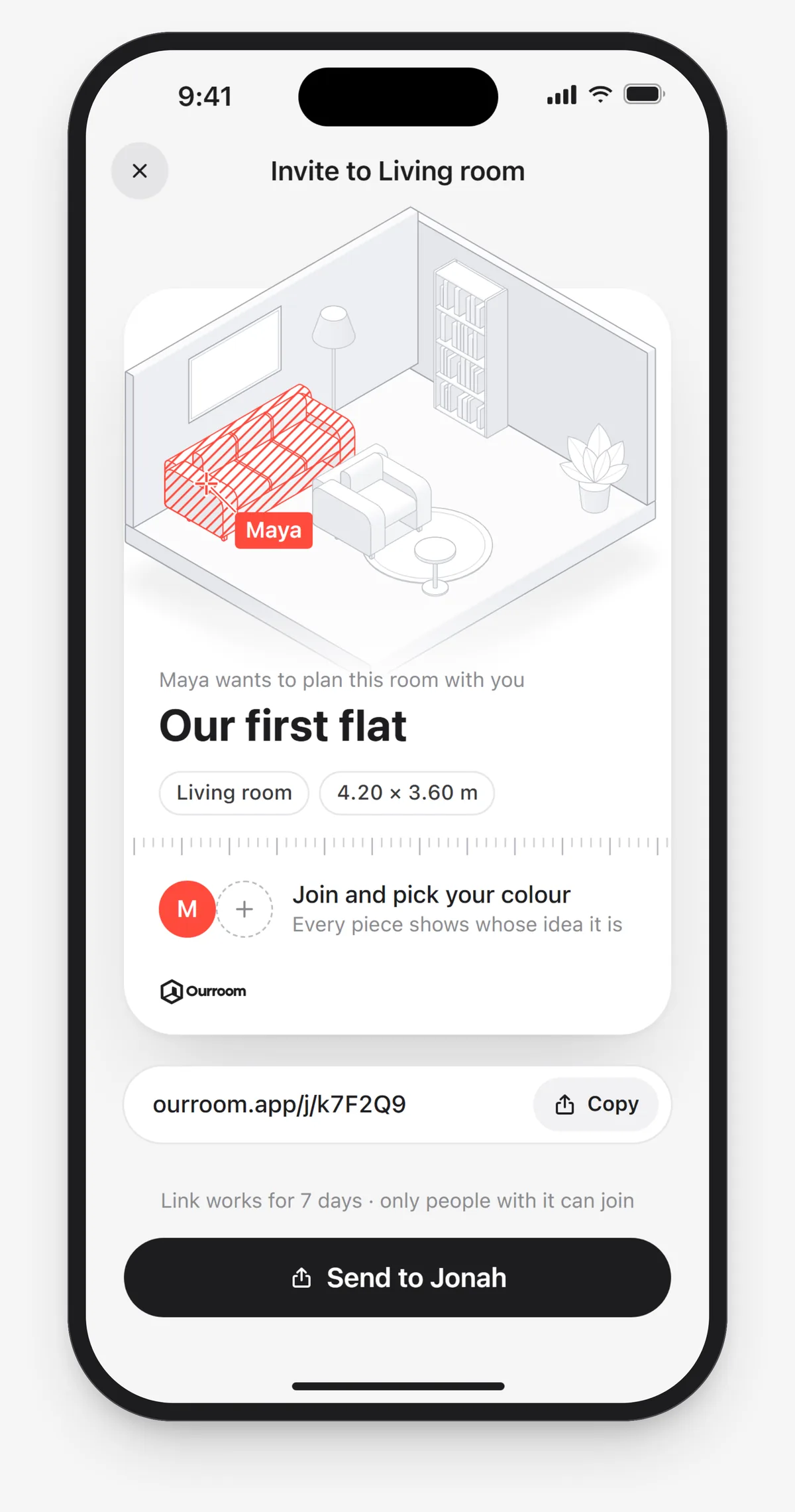 The invite card: Our first flat, Living room, 4.20 by 3.60 metres, Send to Jonah