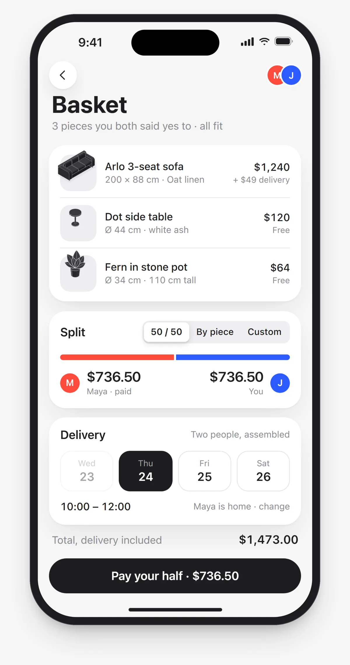 The basket: three pieces, the split bar at 50/50, Maya's half paid, a delivery day picked