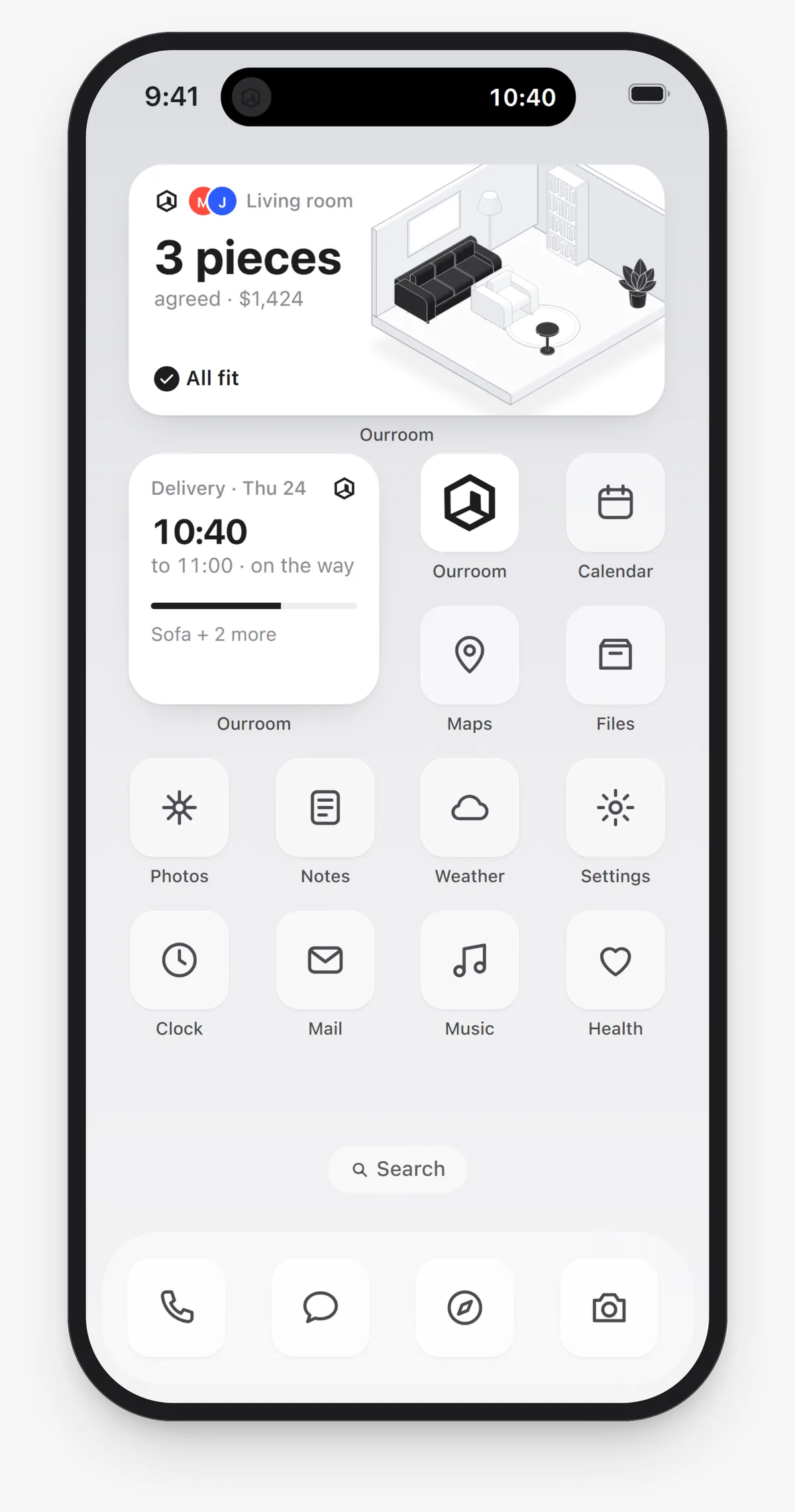 The Home Screen: an Ourroom widget with 3 pieces agreed and the delivery time in the Dynamic Island