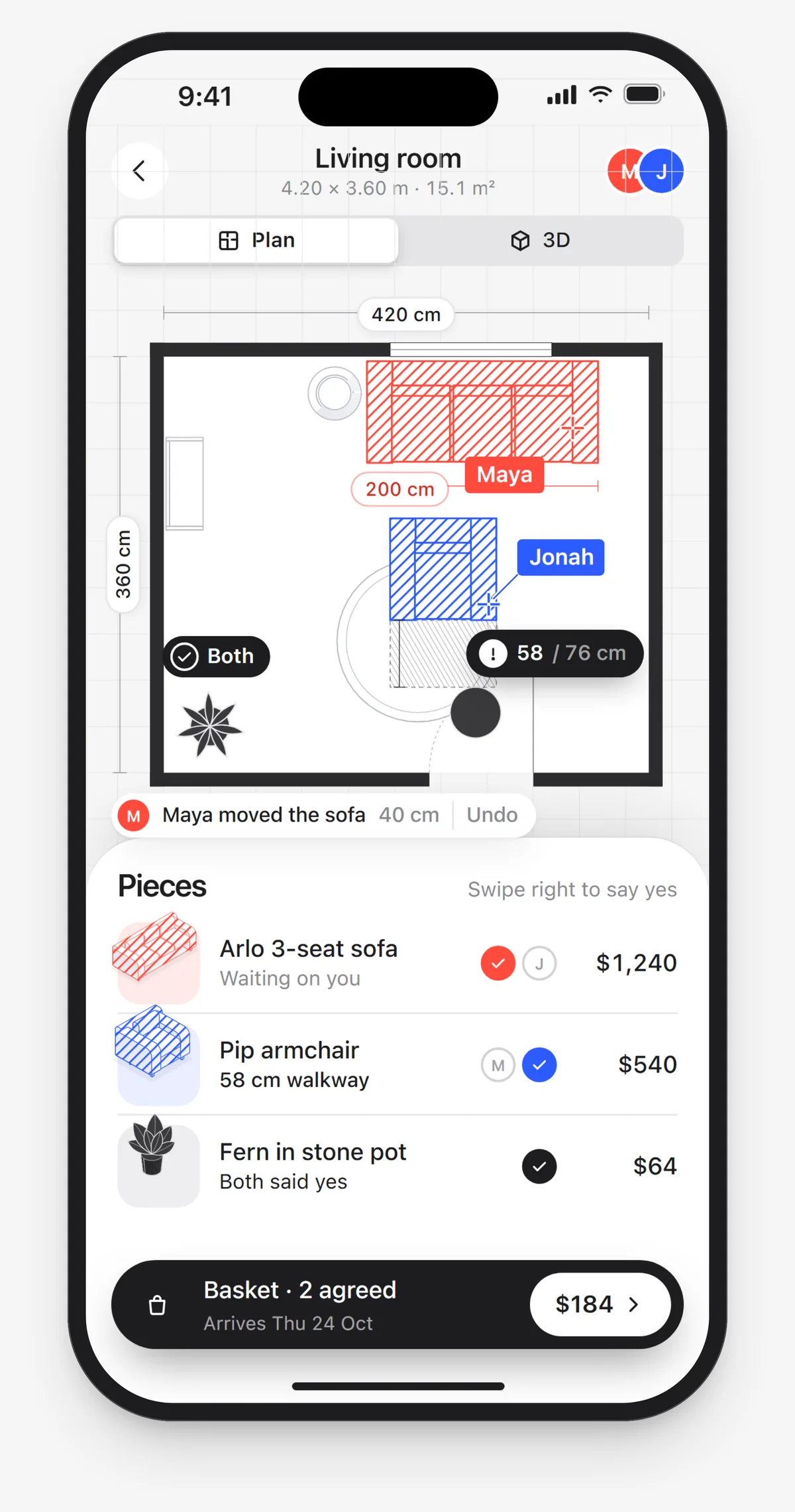 Direction C, Plan: a top-down plan with dimensions, and a list of pieces with vote dots