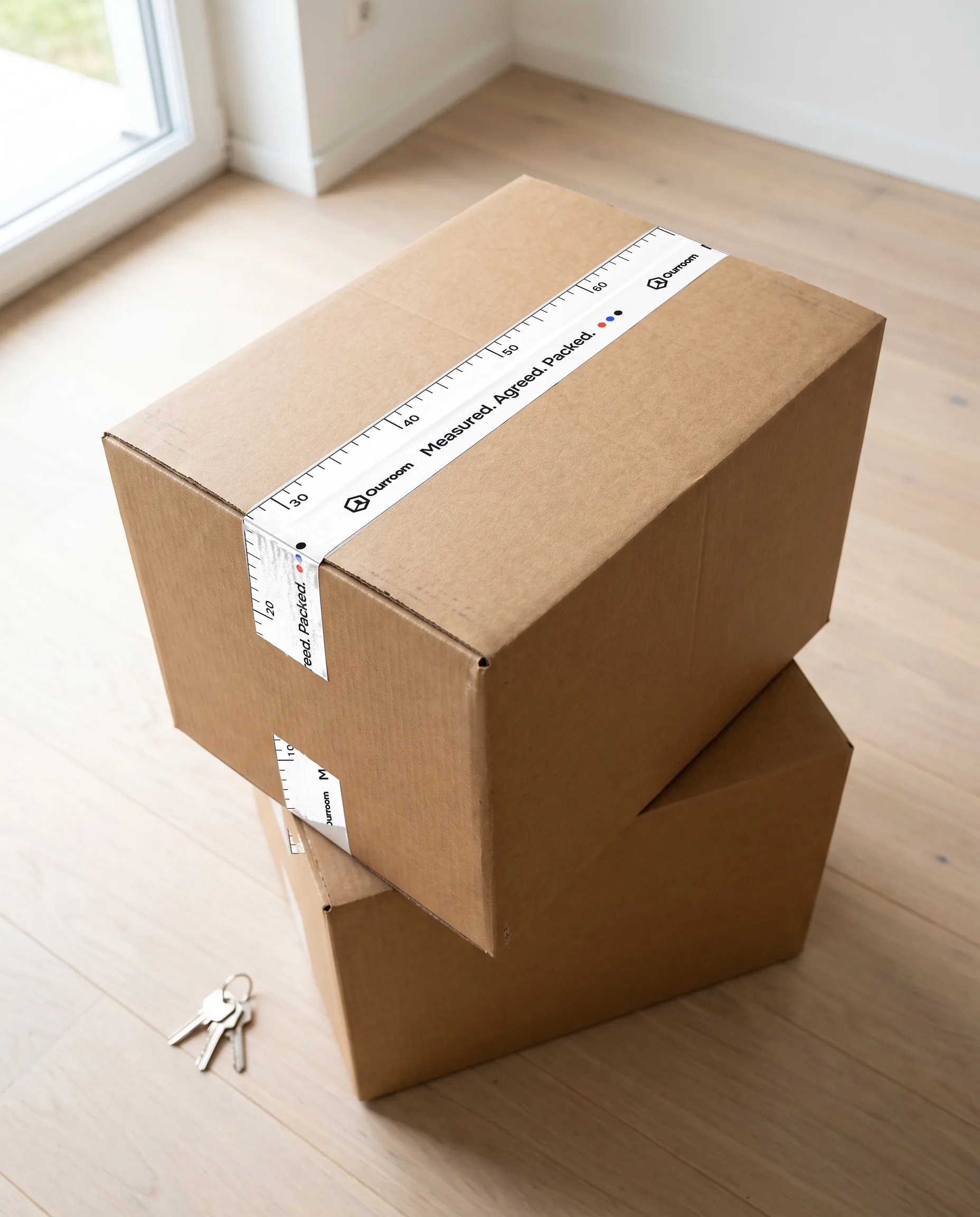 Ourroom packing tape with a centimetre ruler along its edge, sealing a moving box