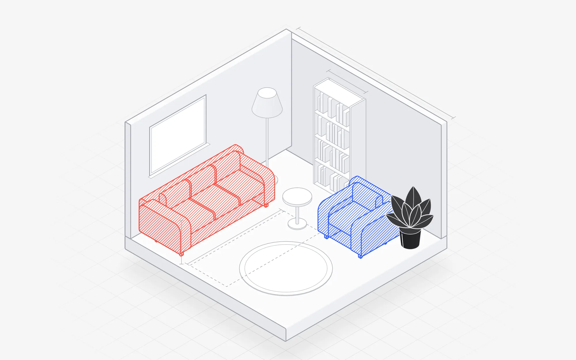 Ourroom key art: a drawn isometric living room, the sofa hatched in coral and the armchair in cobalt, with the walkway between them marked