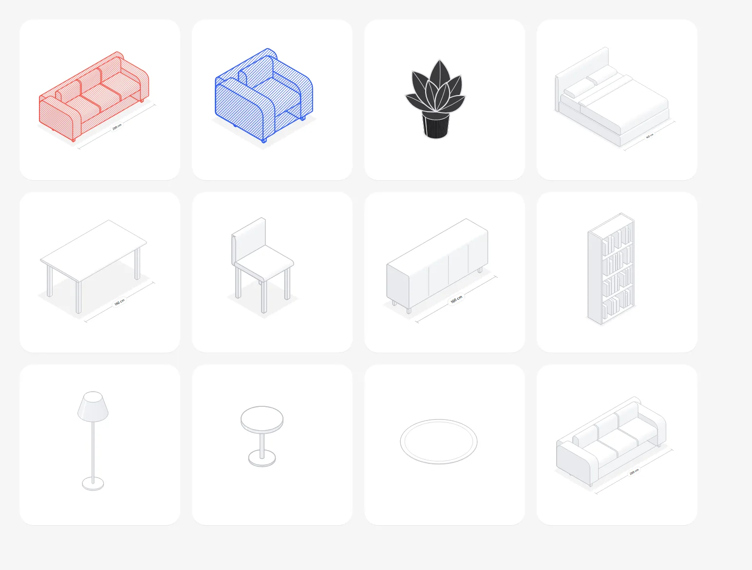 The furniture kit: sofa, armchair, fern, bed, dining table, chair, sideboard, bookshelf, lamp, side table, rug