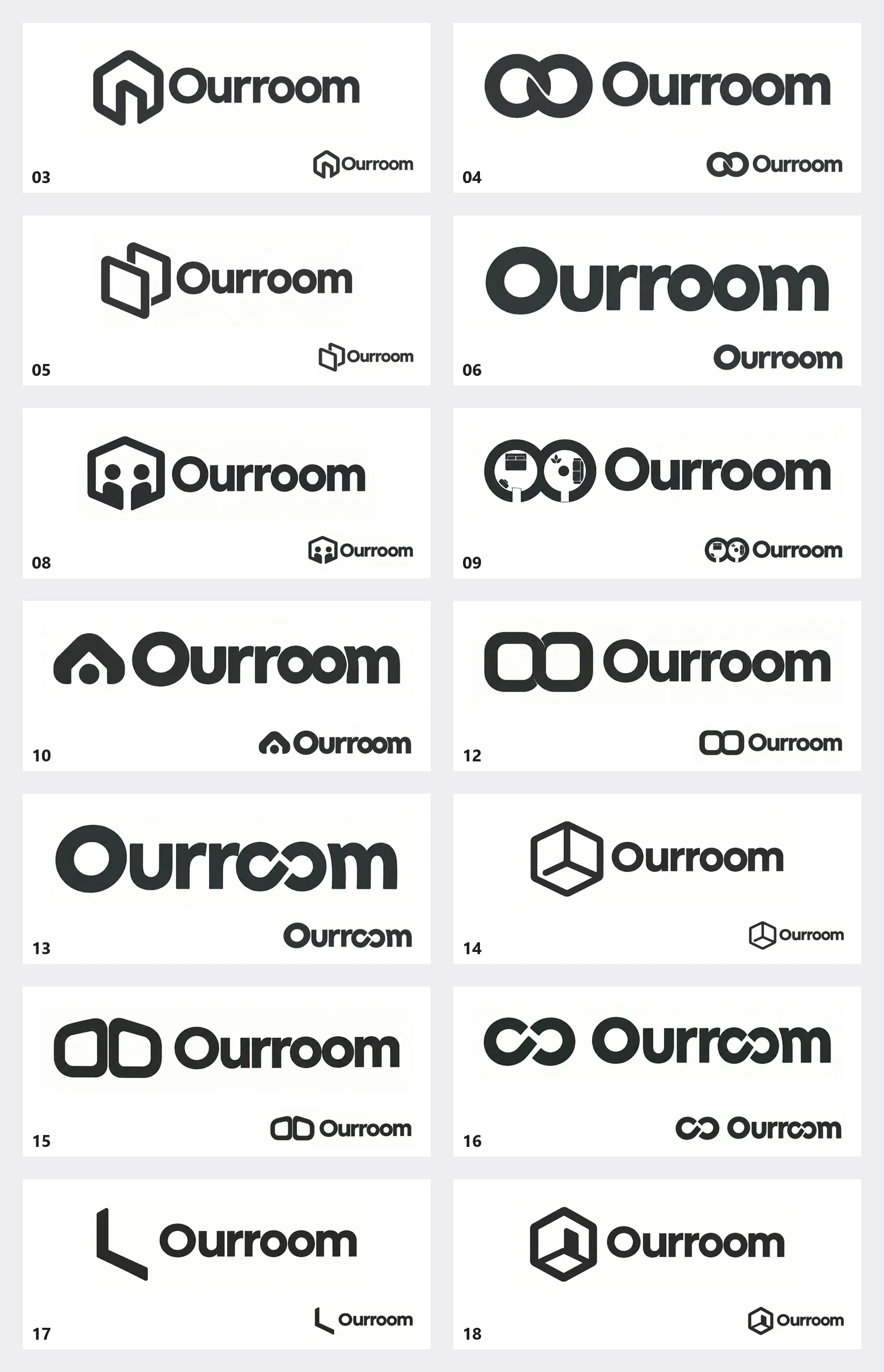 Fourteen logo candidates in the order they were made, each at full size and at 64 pixels