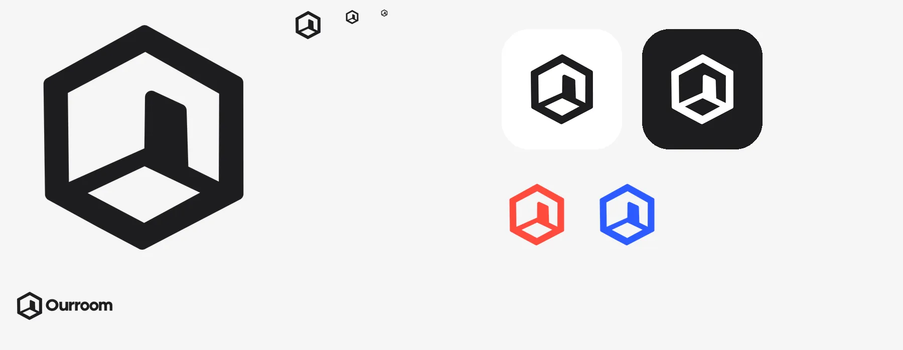 The mark at 512, 64, 32 and 16 pixels, the lockup at 64, the two app icons, and the mark in coral and cobalt
