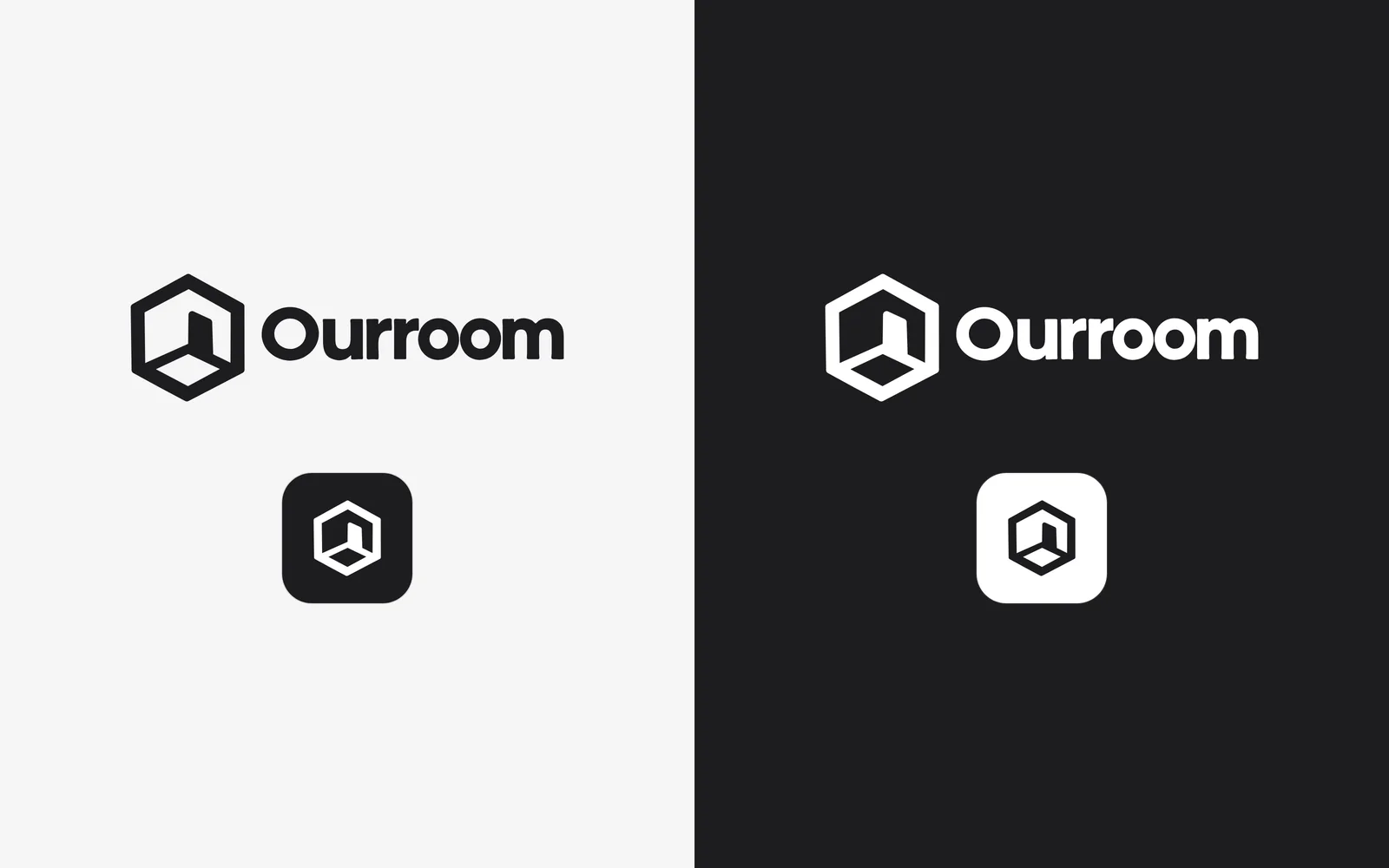 The Ourroom lockup and app icon in ink on grey and in white on ink