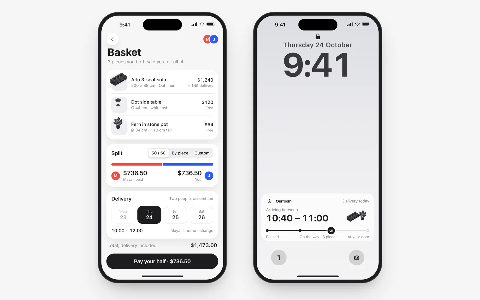 Two iPhones: the shared basket split 50/50 with Maya's half paid, and the delivery on the Lock Screen