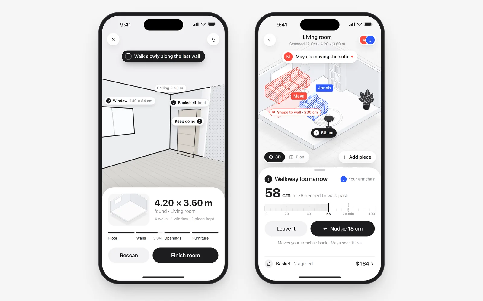 Two iPhones: the room scan finding 4.20 by 3.60 metres, and the editor warning that the walkway is 58 cm of the 76 needed, with Nudge 18 cm