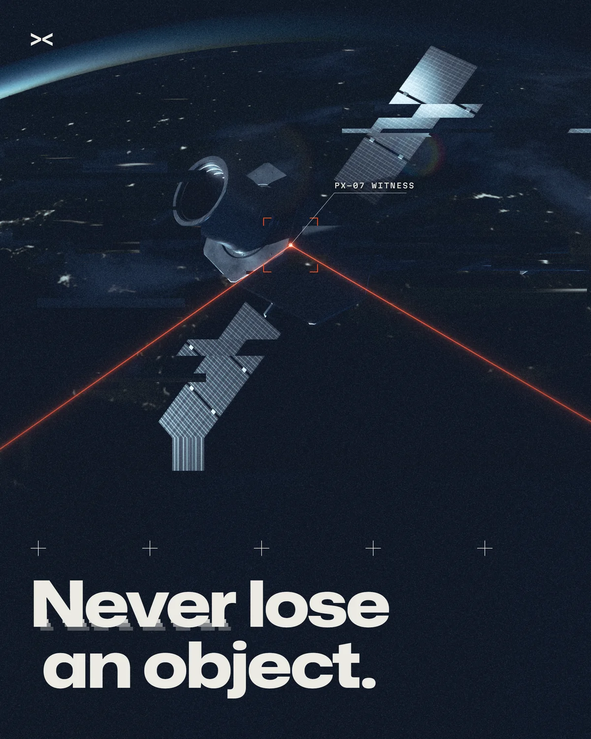 Poster: the Witness torn by a data glitch, two lines of sight reacquiring it, Never lose an object.