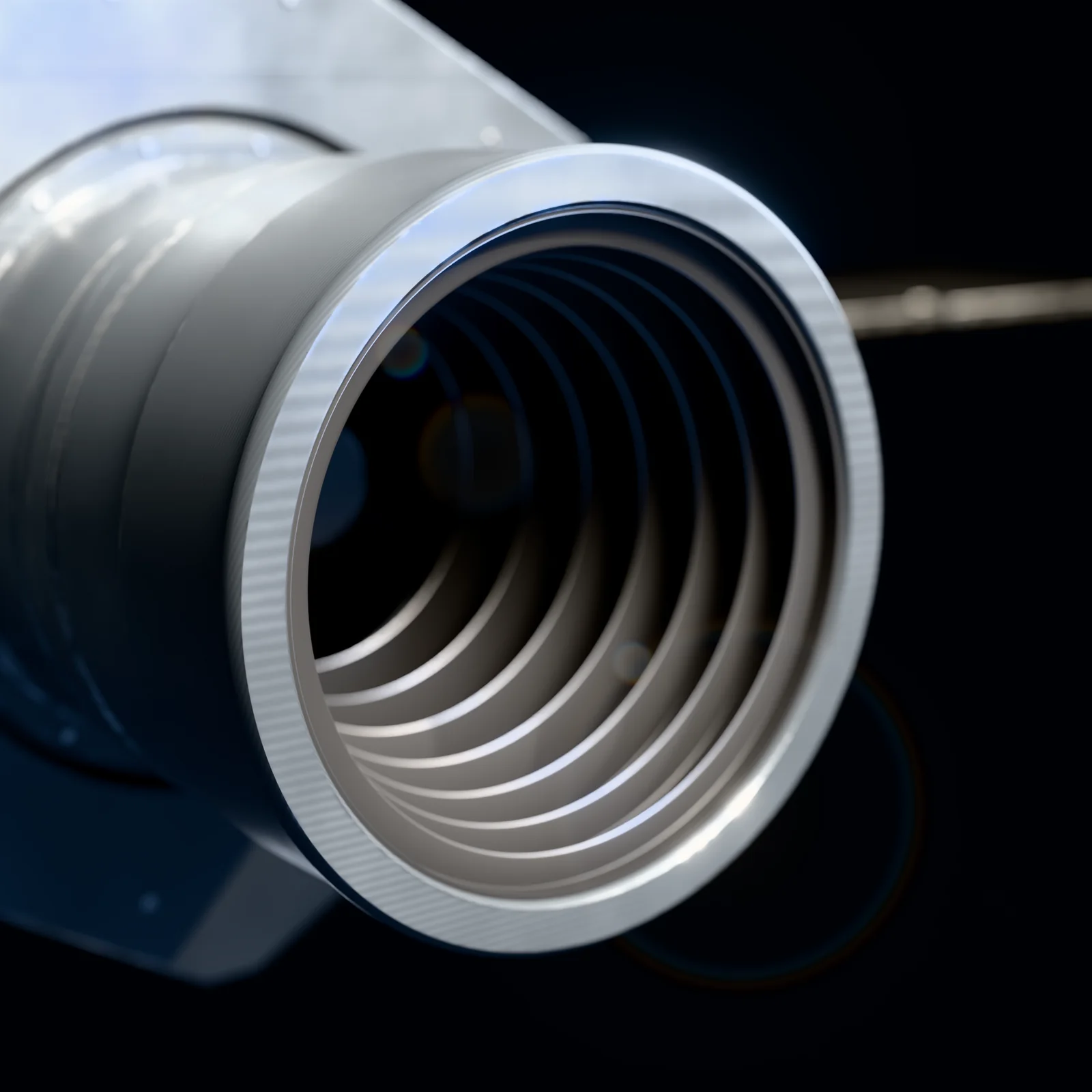 A macro of the Witness telescope: warm sun on the machined baffle vanes, blue earthshine on the sleeve