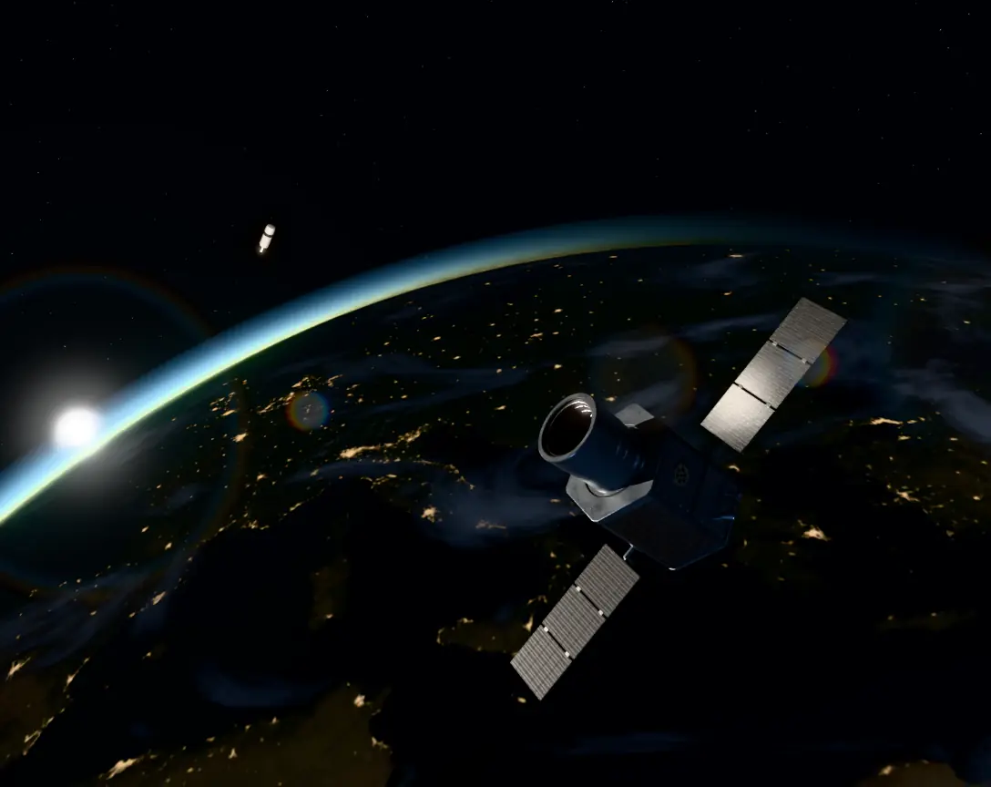 PX-07 Witness over the night side of Earth at dawn, with a spent rocket stage beyond it near the limb, rendered in Blender